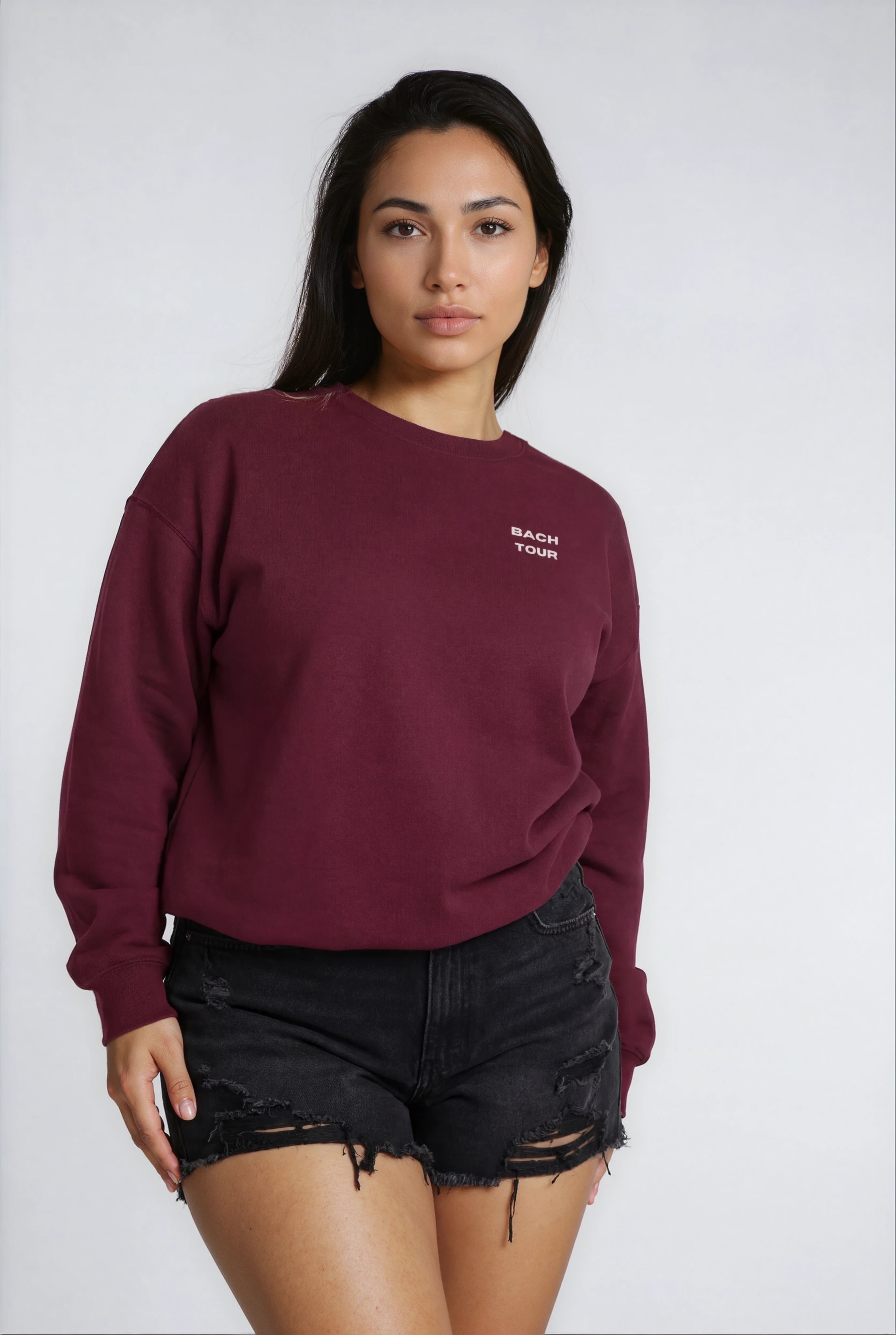 Model wearing Bachelorette Tour Sweatshirt - Maroon