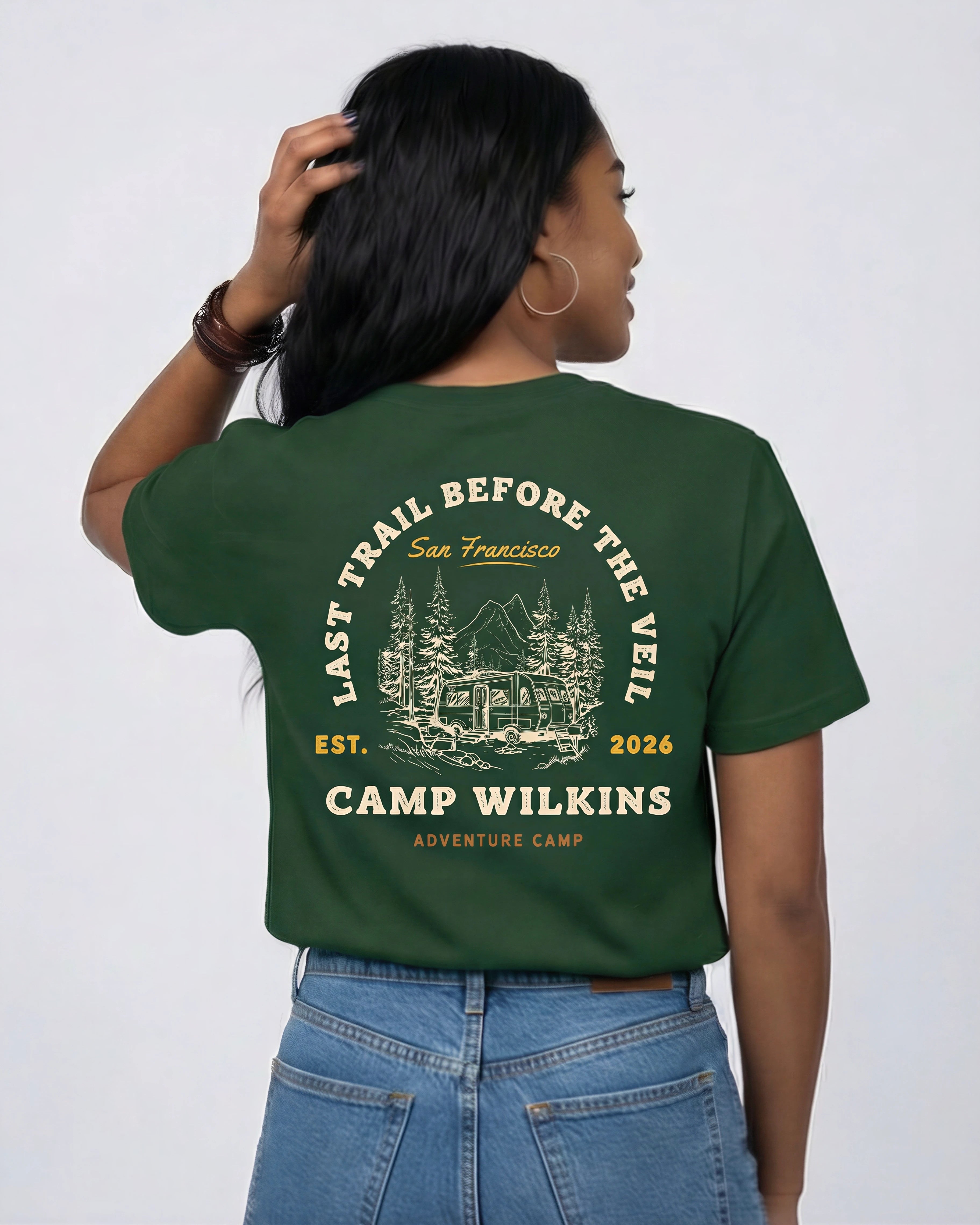 Model wearing Camp Bachelorette T-Shirt - Forest Green