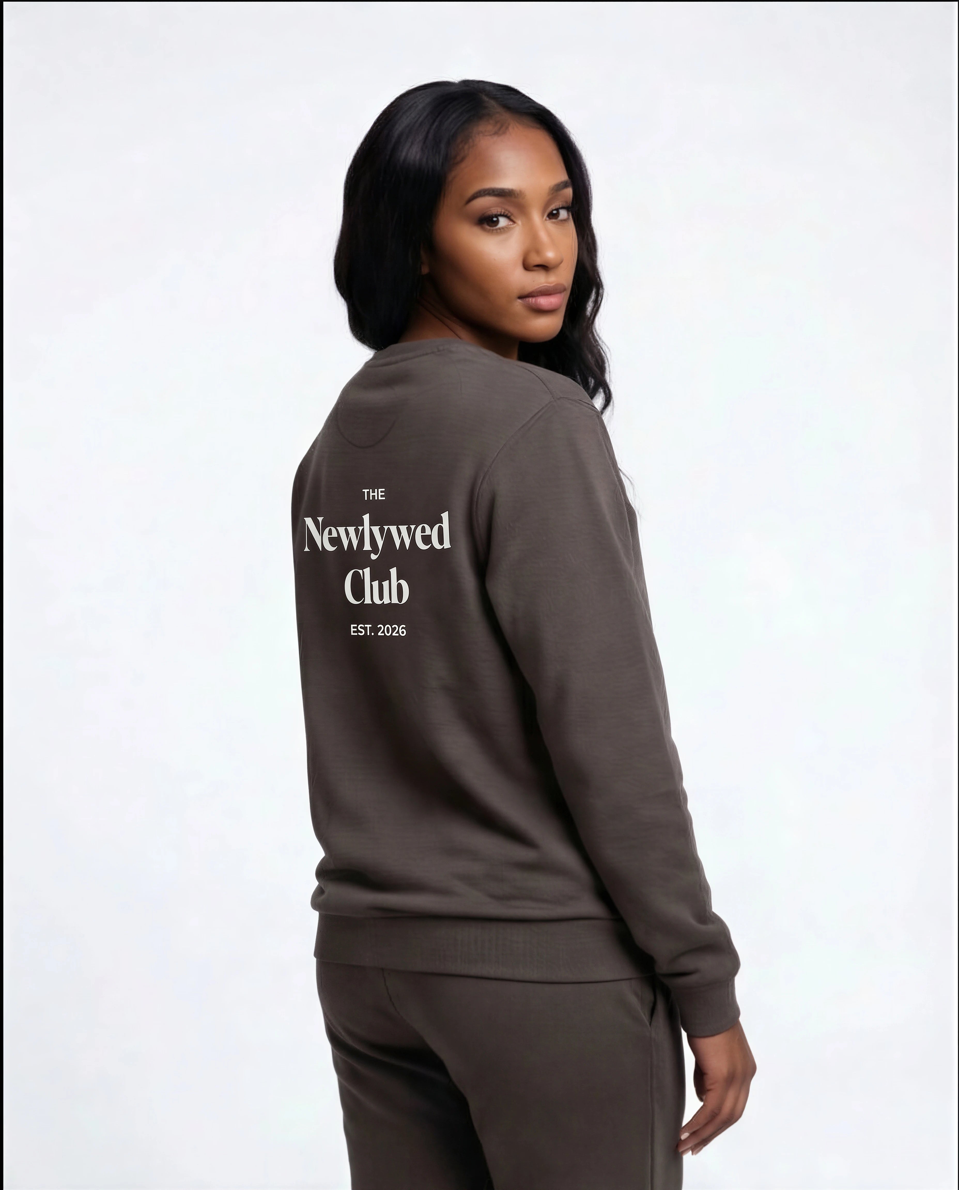 Model wearing Newlywed Club Crew Neck Sweatshirt - Charcoal