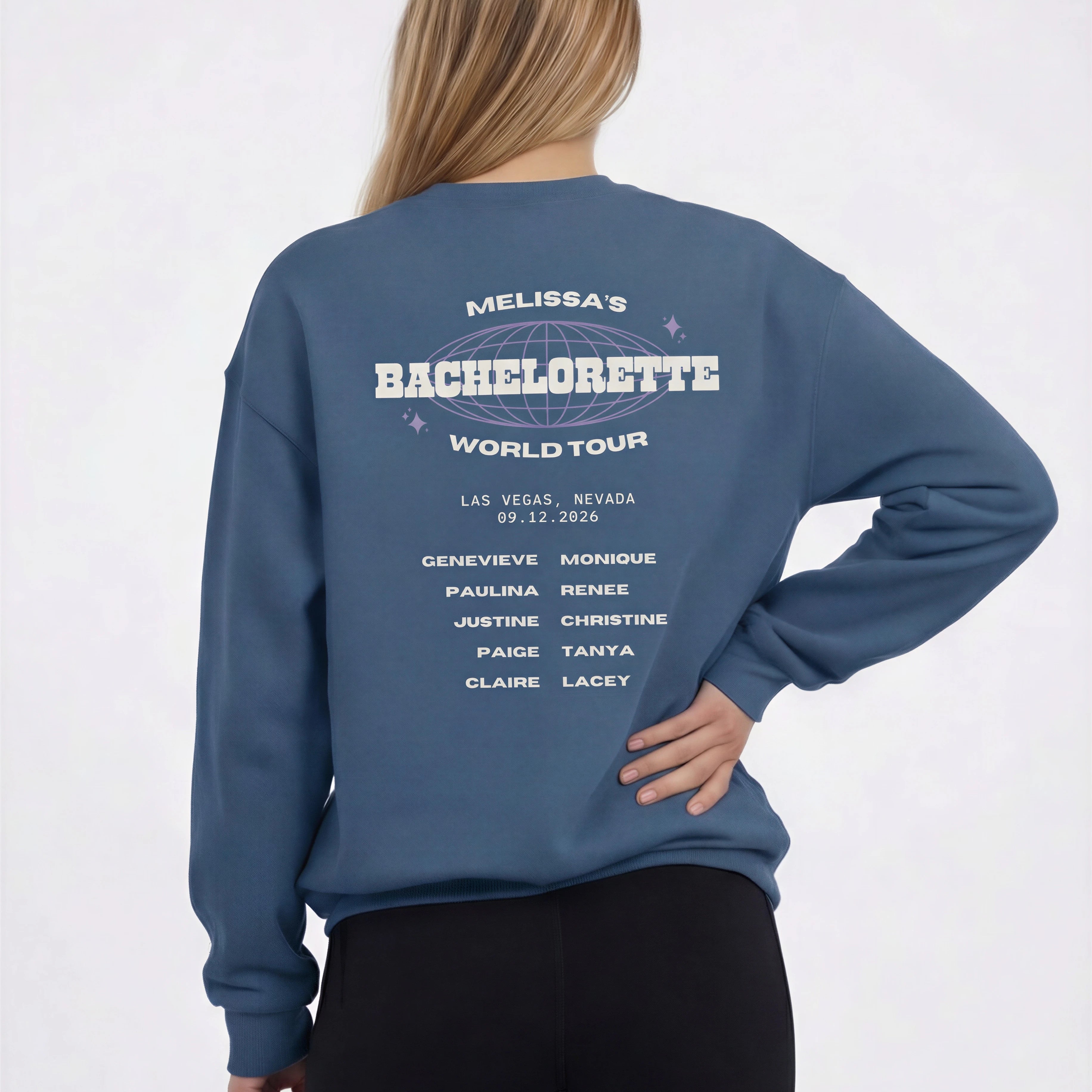 Model wearing Bachelorette Tour Sweatshirt - Indigo Blue