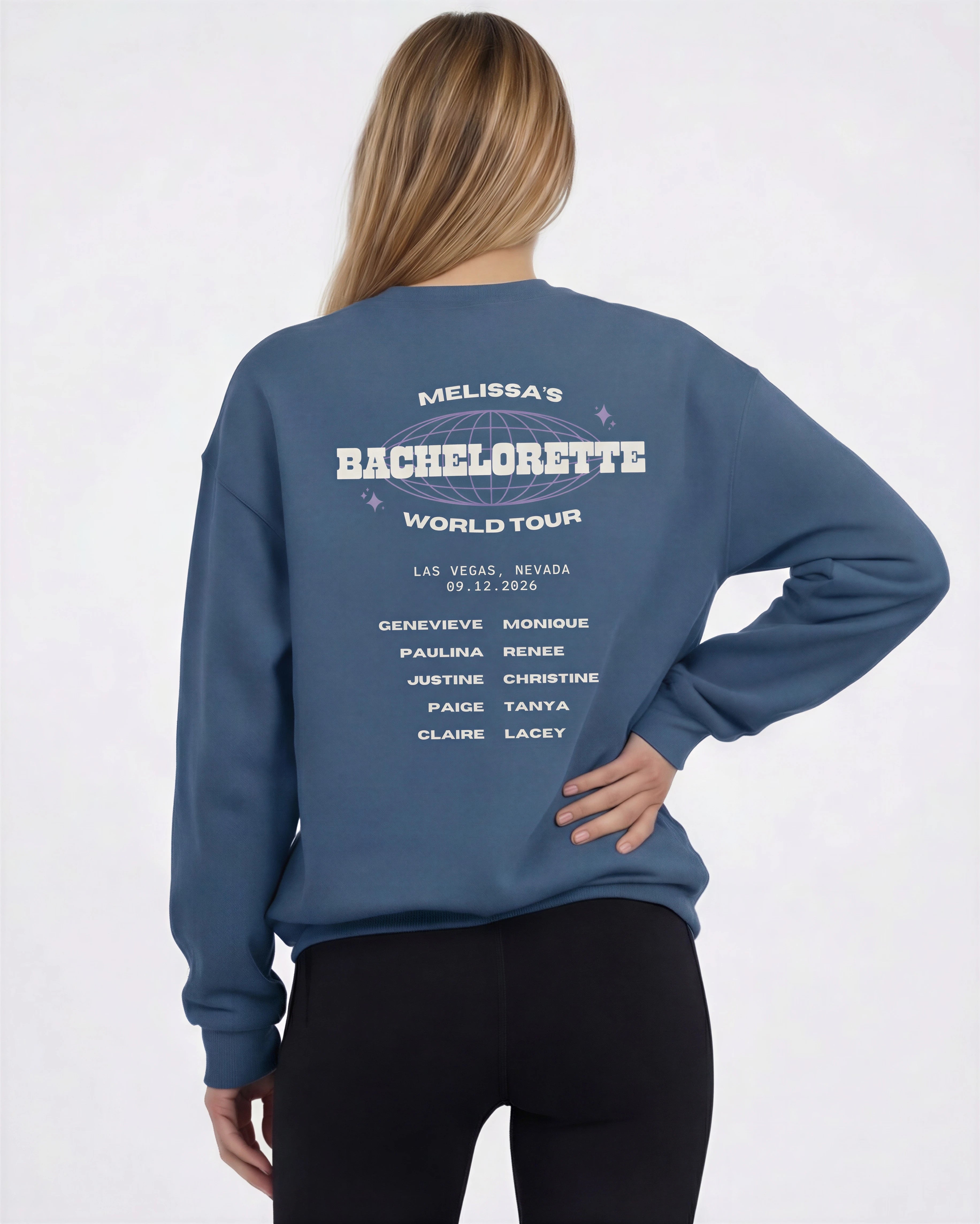 Model wearing Bachelorette Tour Sweatshirt - Indigo Blue