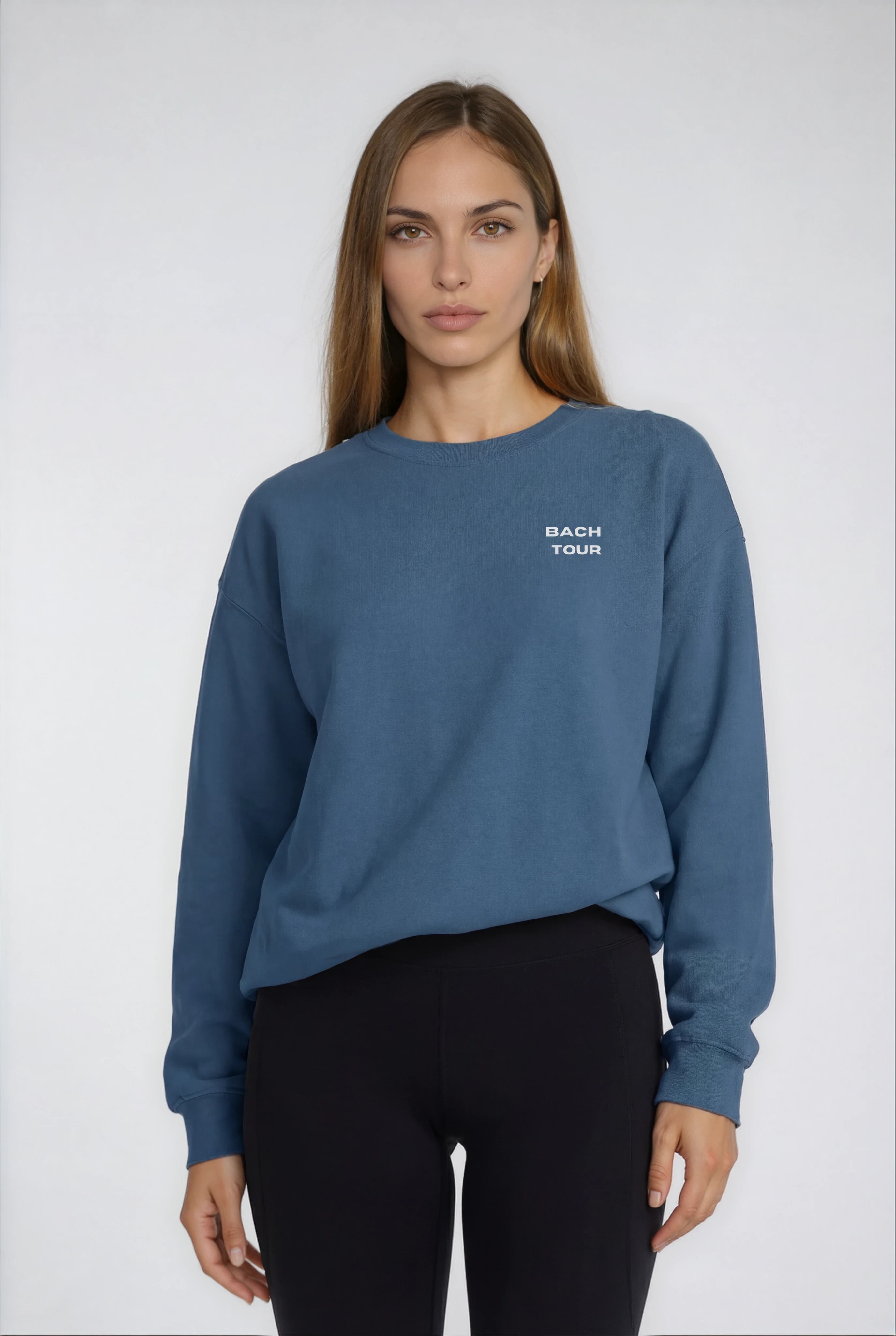 Model wearing Bachelorette Tour Sweatshirt - Indigo Blue