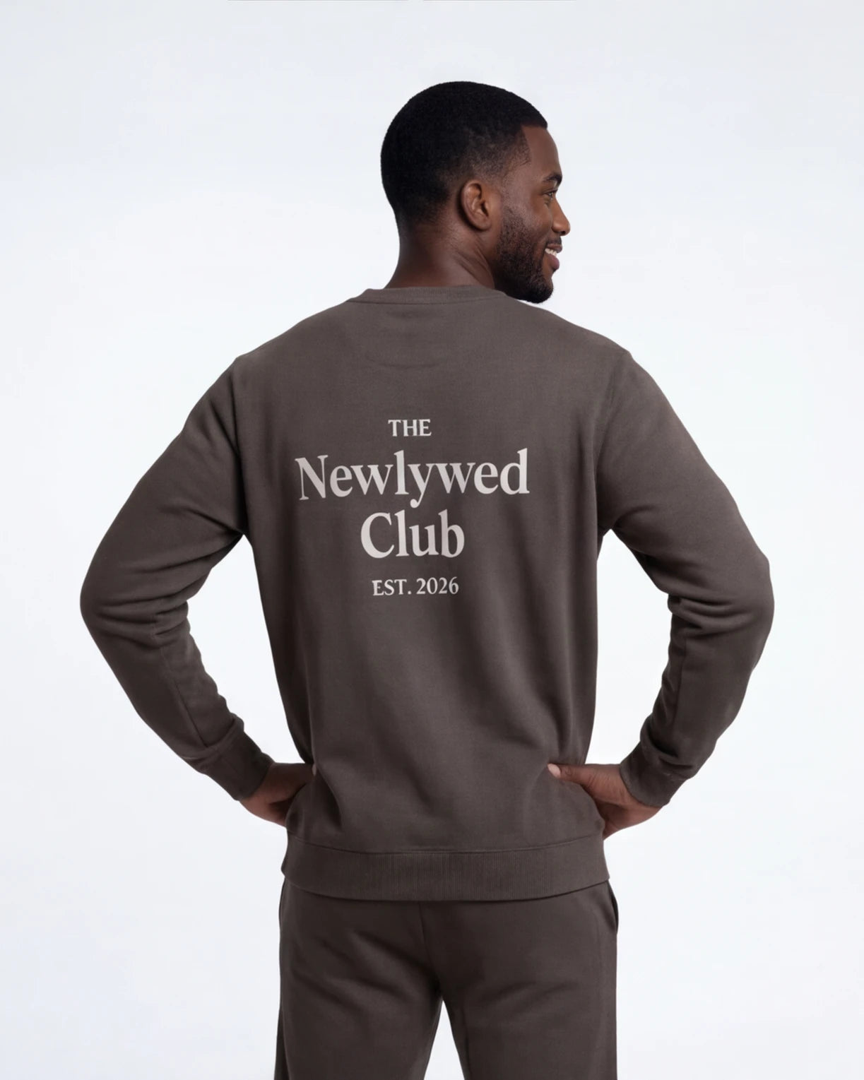 Model wearing Newlywed Club Crew Neck Sweatshirt - Charcoal