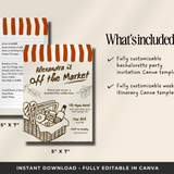 Fresh Off the Market Bachelorette Party Invitation & Itinerary Canva Template