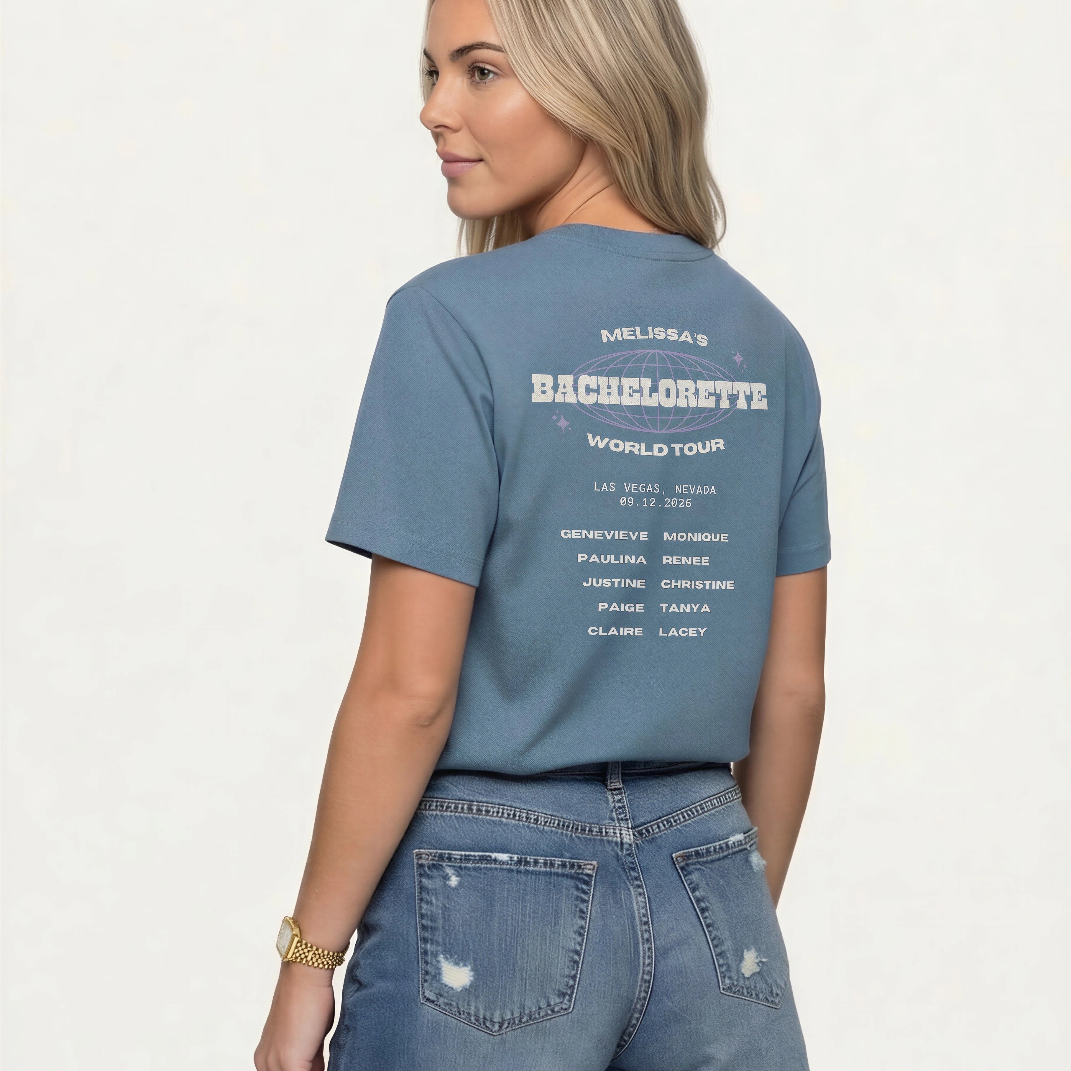 Model wearing Bachelorette Tour Shirt - Steel Blue