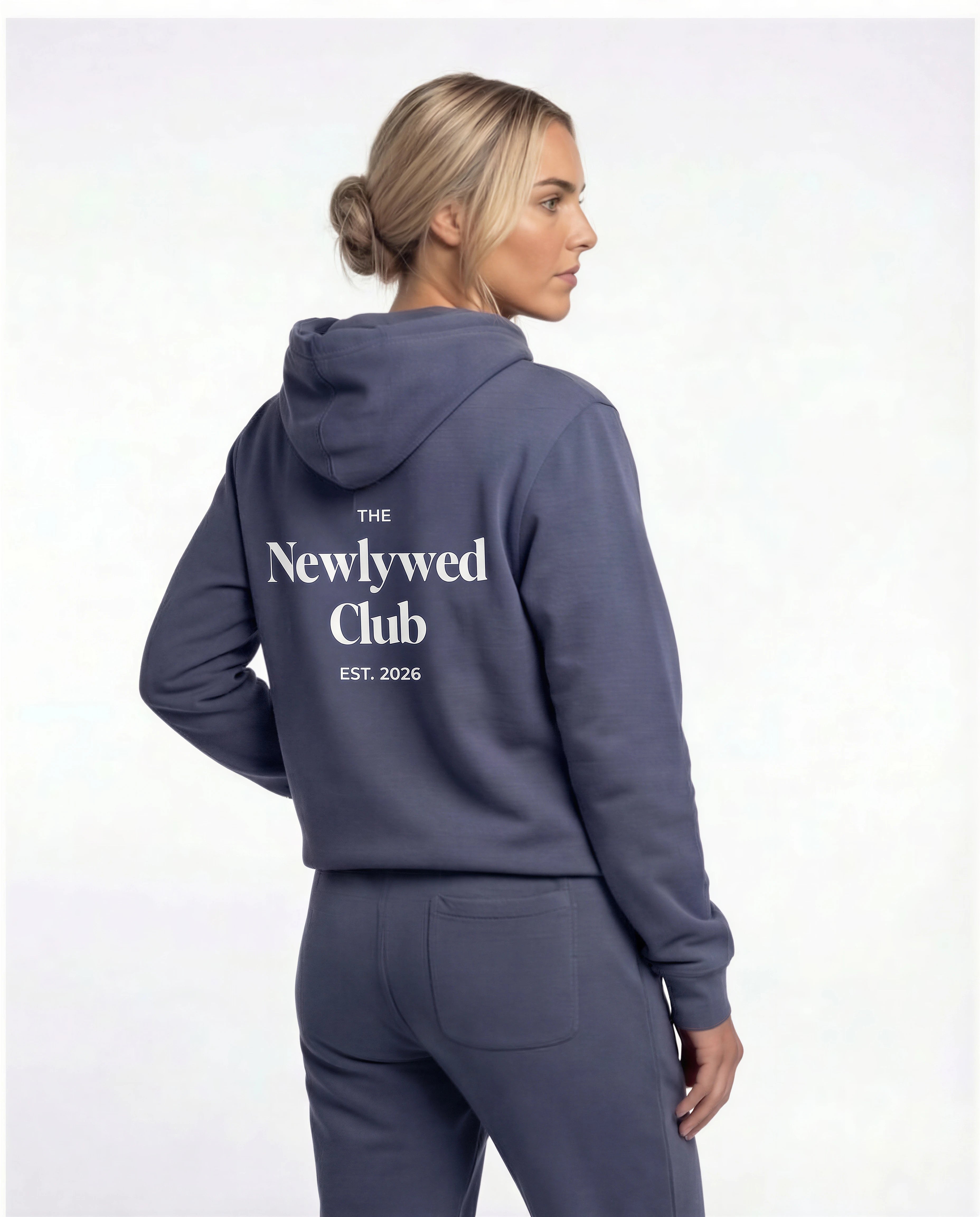 Model wearing Newlywed Club Hoodie - Slate Blue