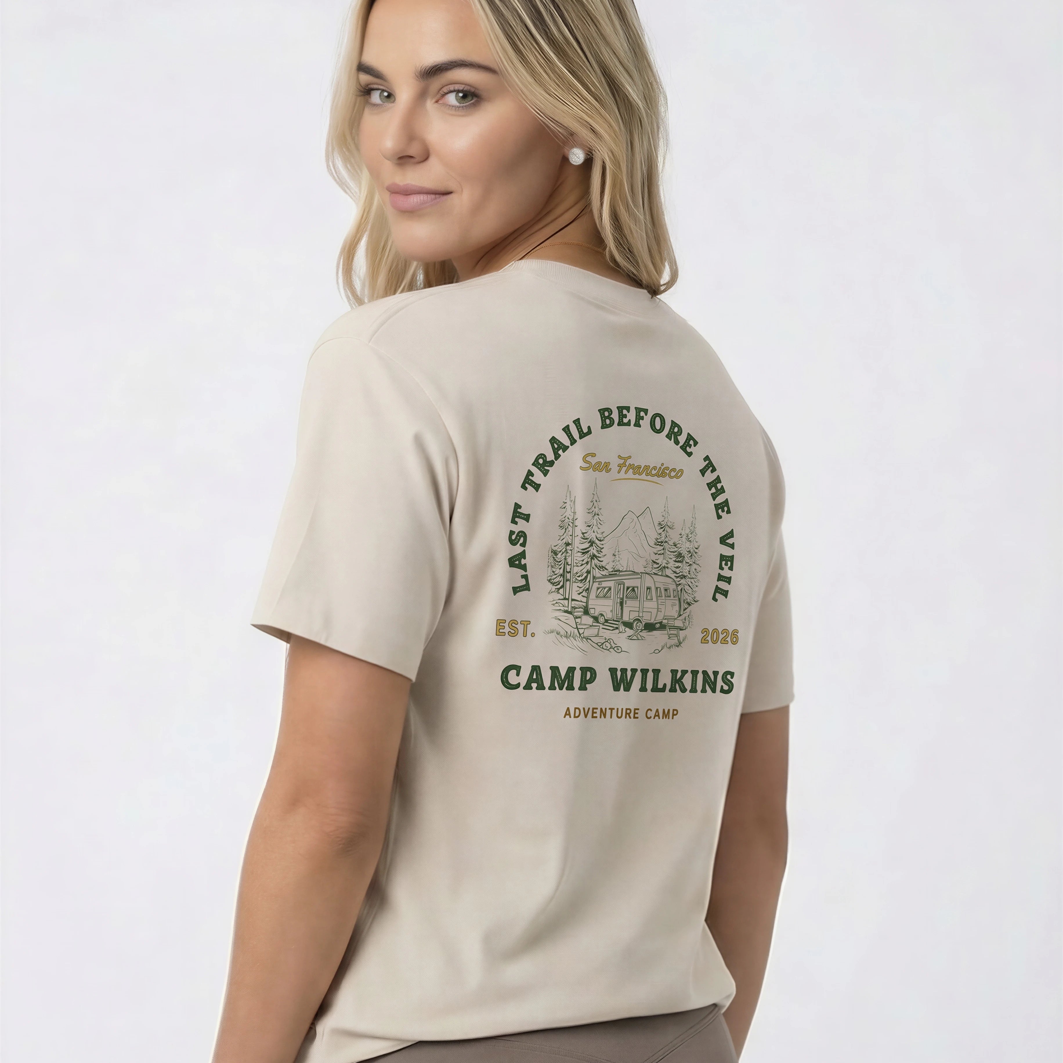 Model wearing Camp Bachelorette T-Shirt - Natural Beige