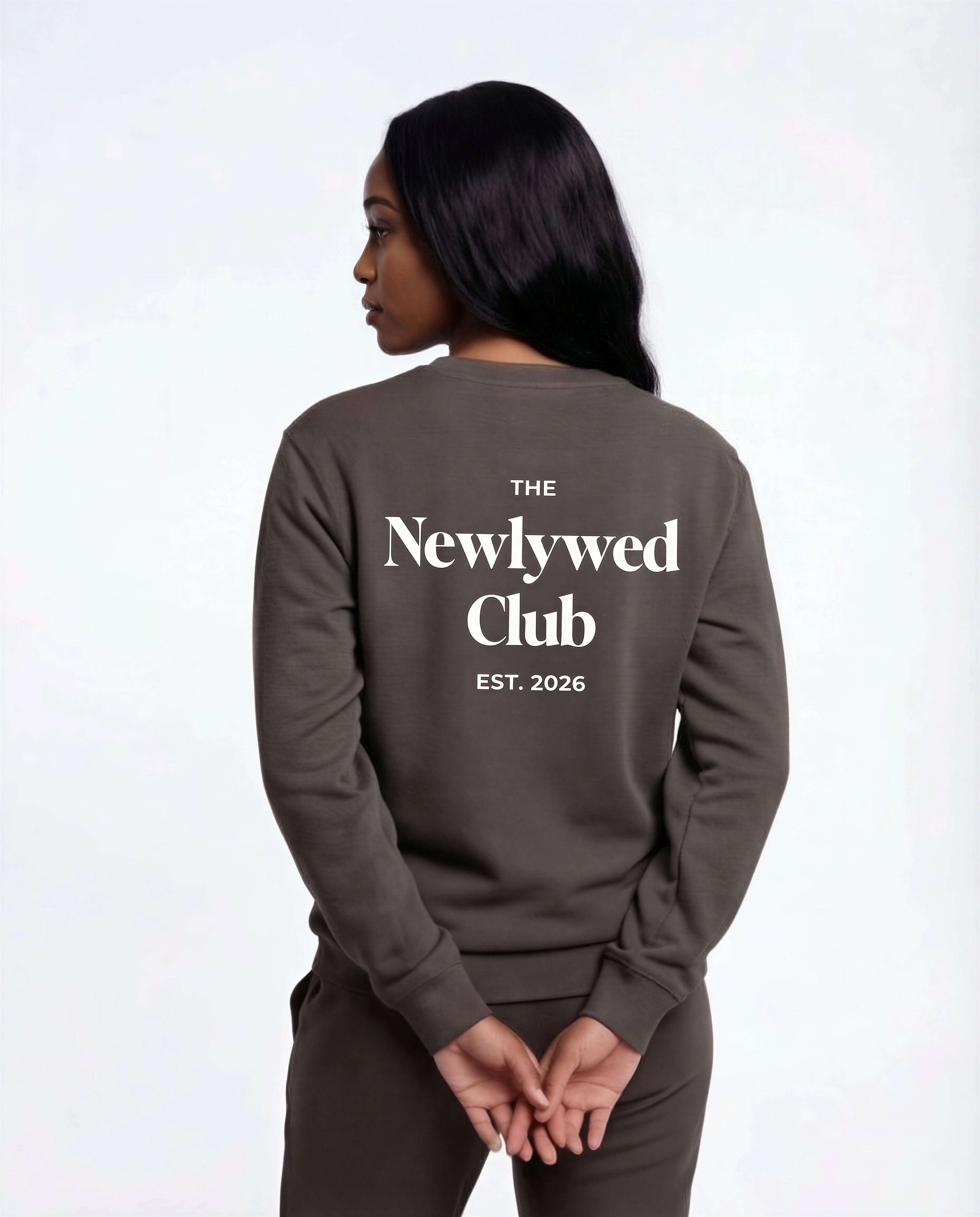Model wearing Newlywed Club Crew Neck Sweatshirt - Charcoal