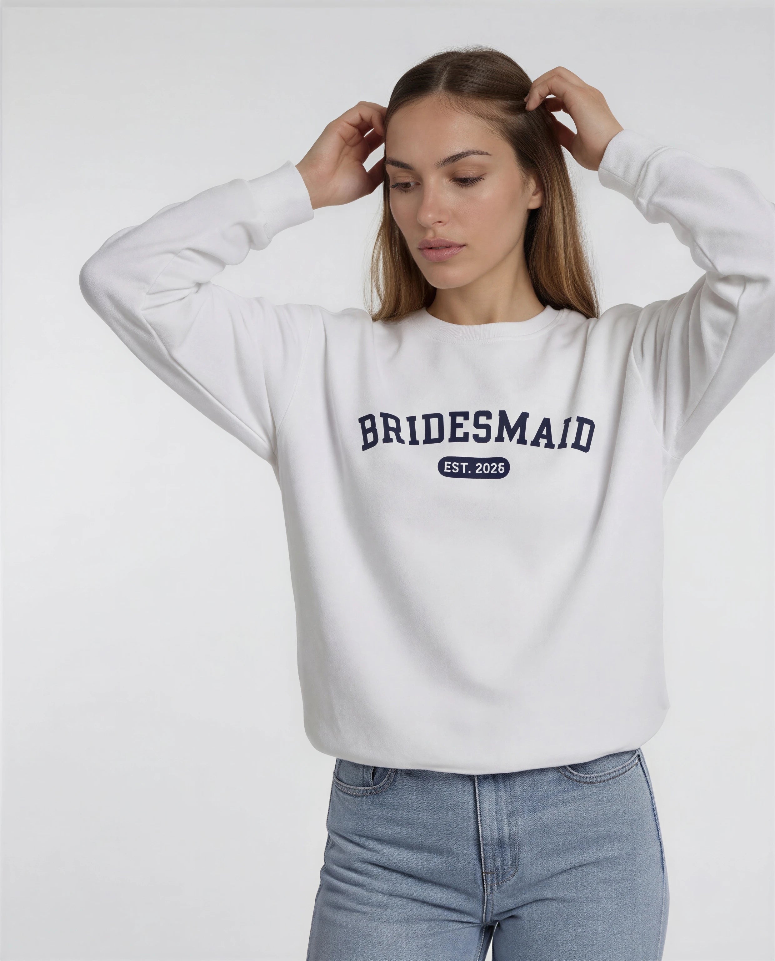 Model wearing Bridesmaid Varsity Sweatshirt - White