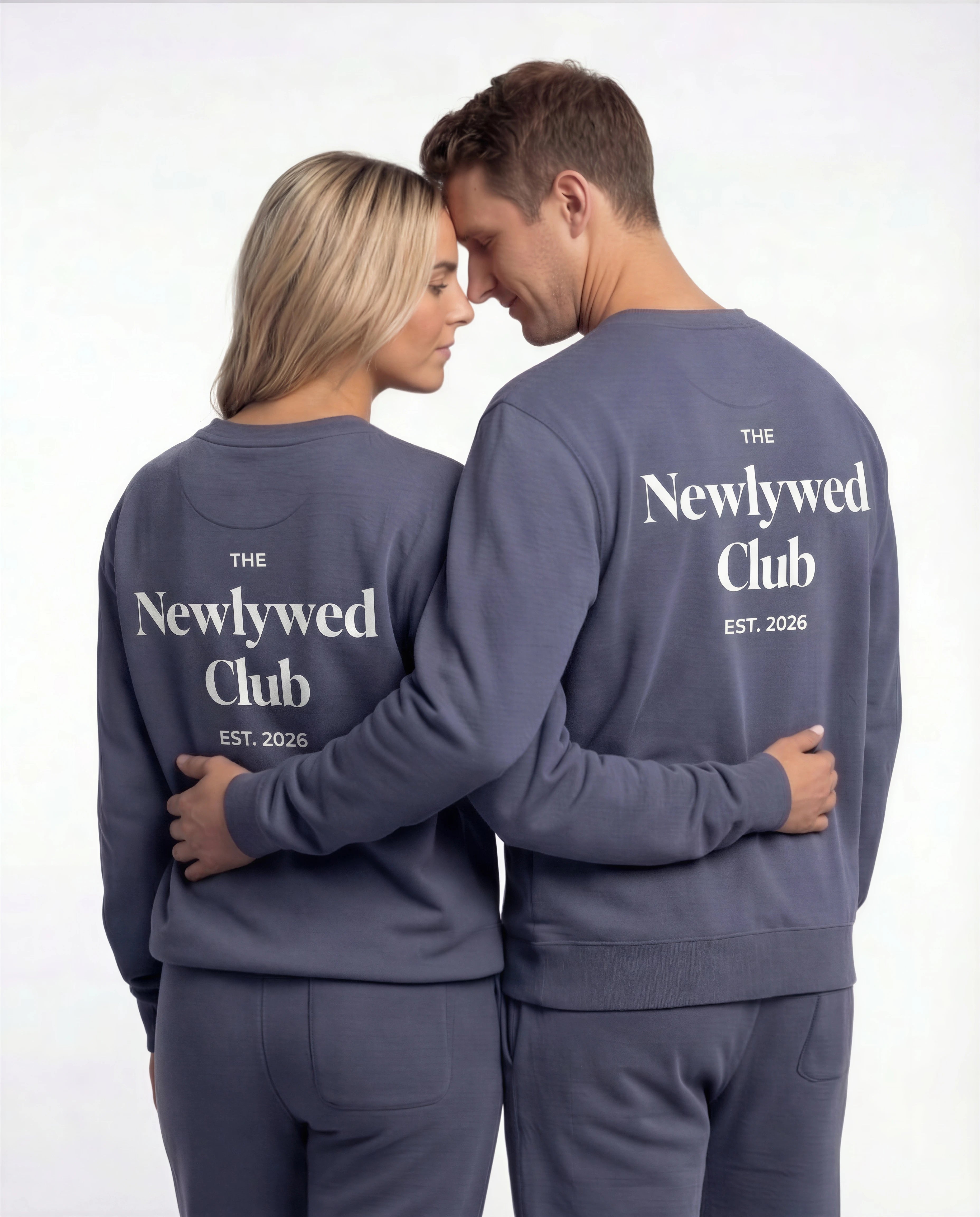 Model wearing Newlywed Club Crew Neck Sweatshirt  - Slate Blue