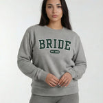Model wearing Bride Varsity Sweatshirt - Heather Gray