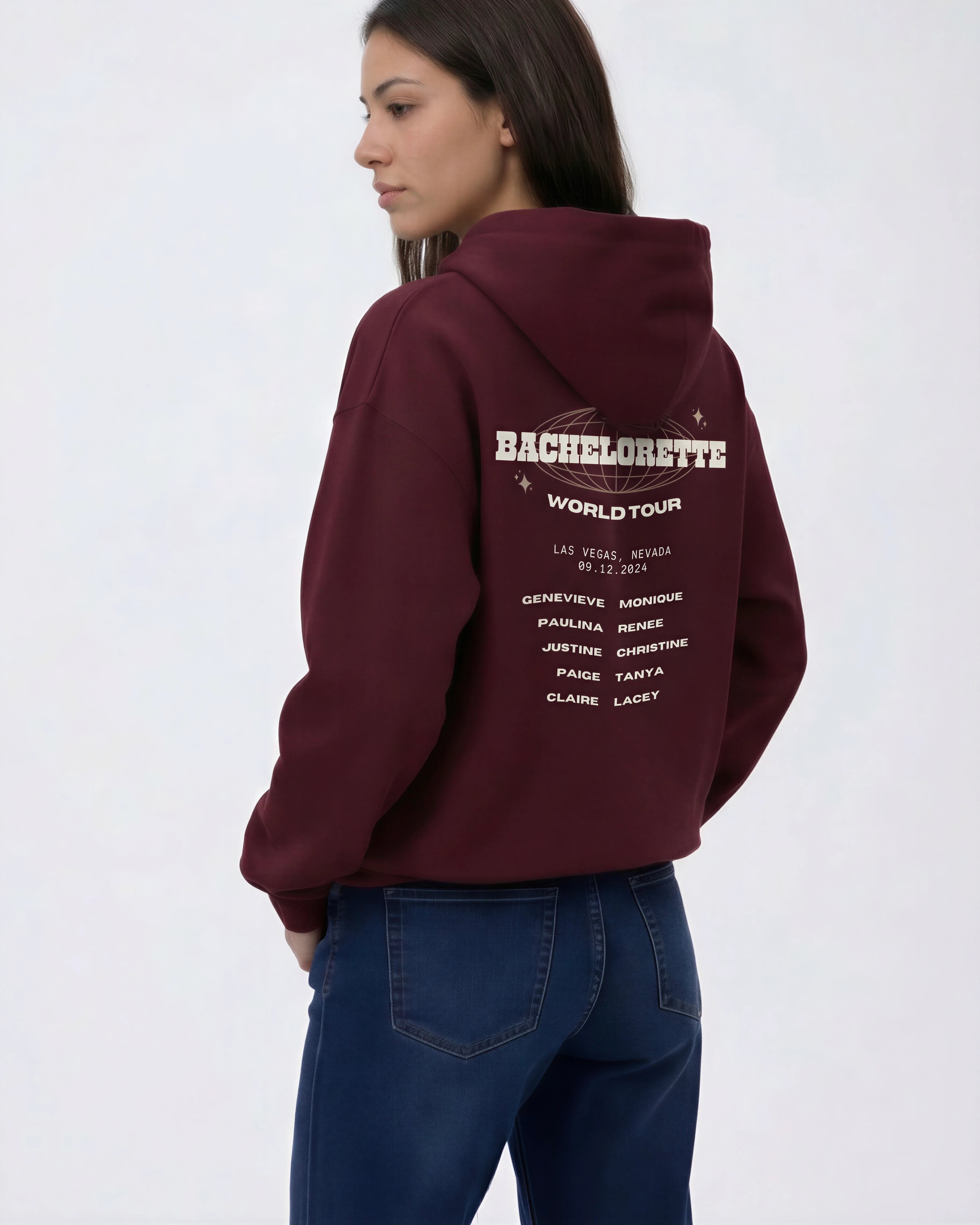 Model wearing Bachelorette Tour Hoodie - Maroon
