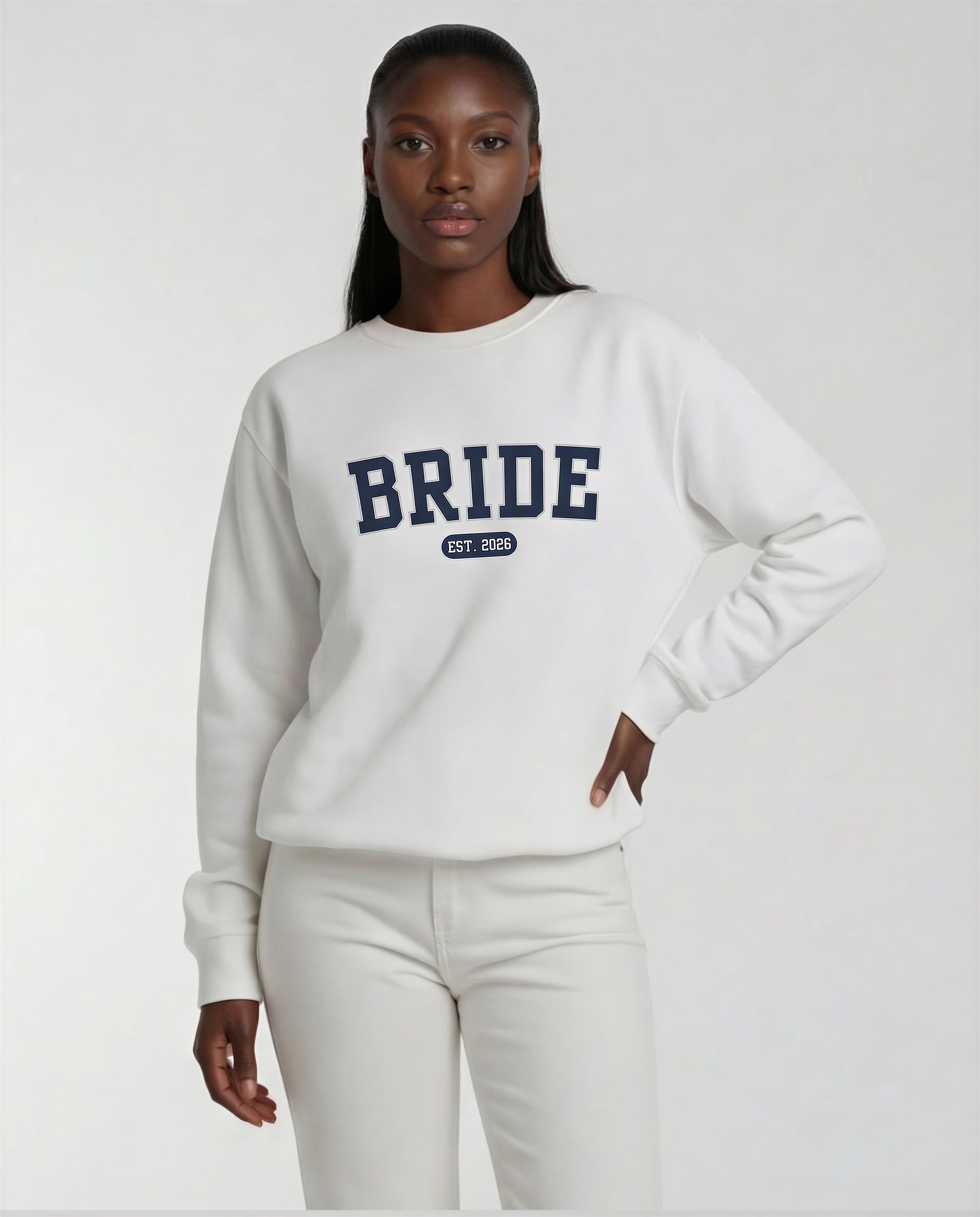 Model wearing Bride Varsity Sweatshirt - White