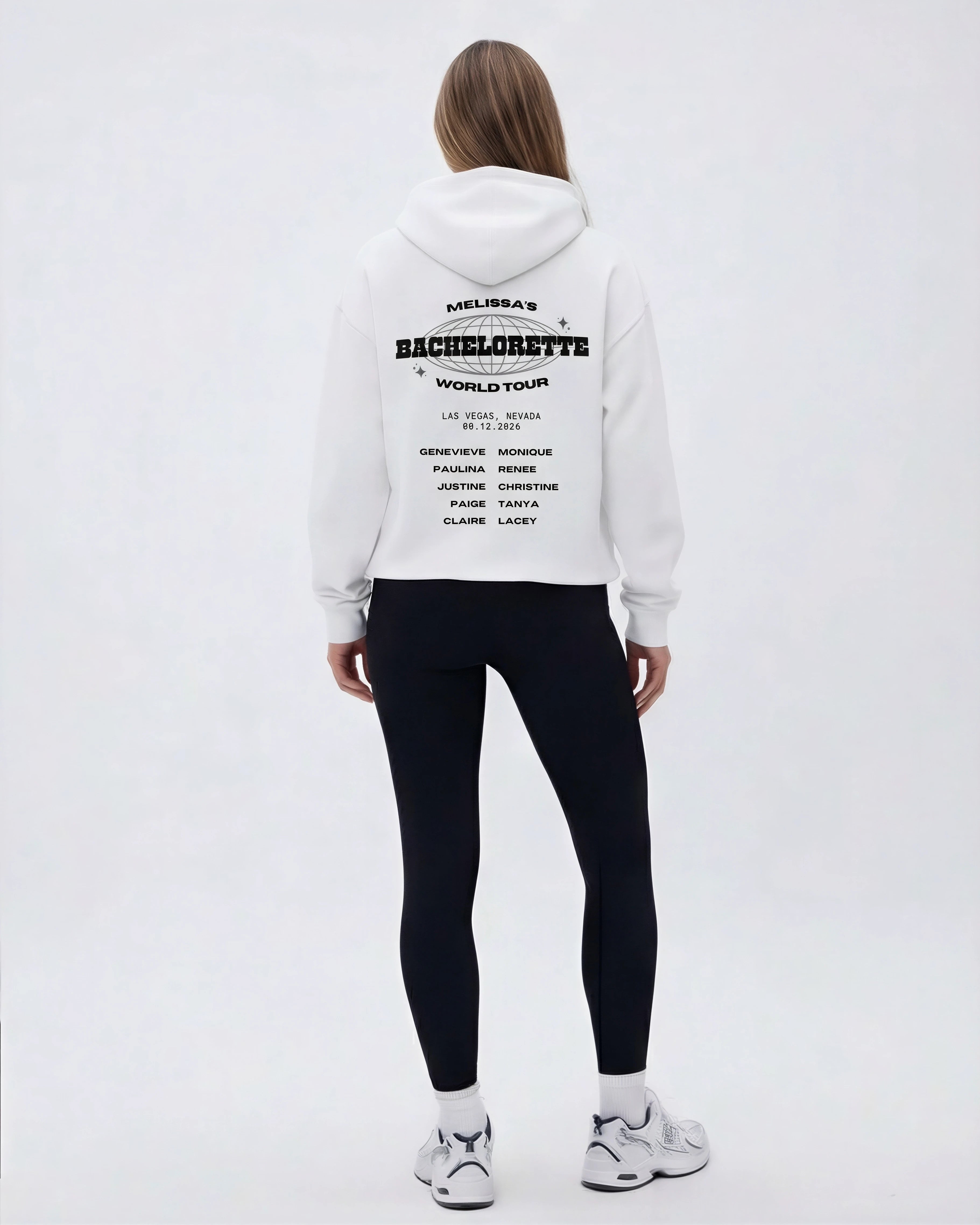 Model wearing Bachelorette Tour Hoodie - White