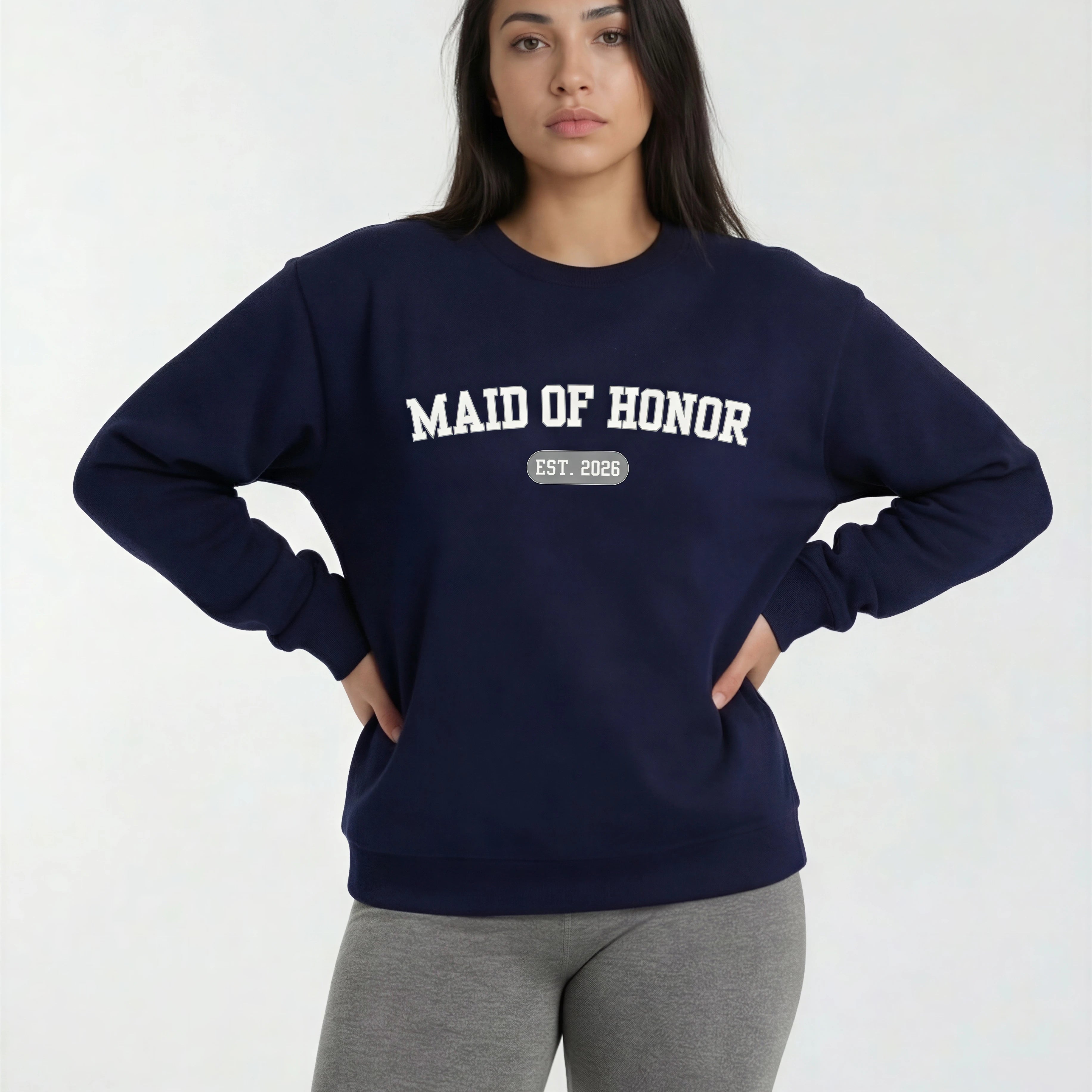 Model wearing Maid of Honor Varsity Sweatshirt - Navy