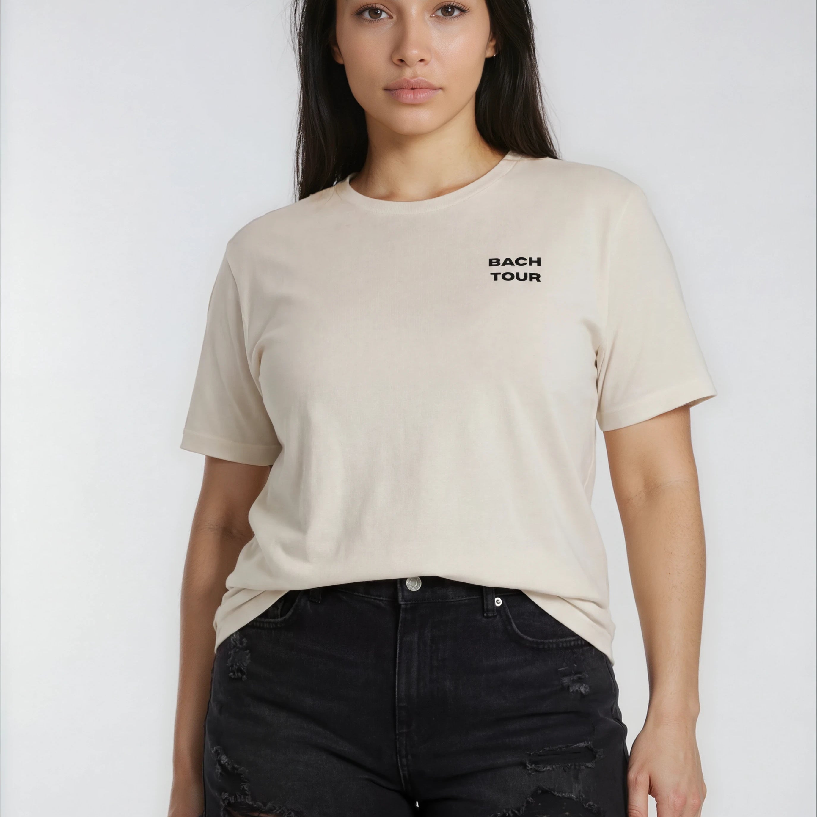 Model wearing Bachelorette Tour Shirt - Heather Bone