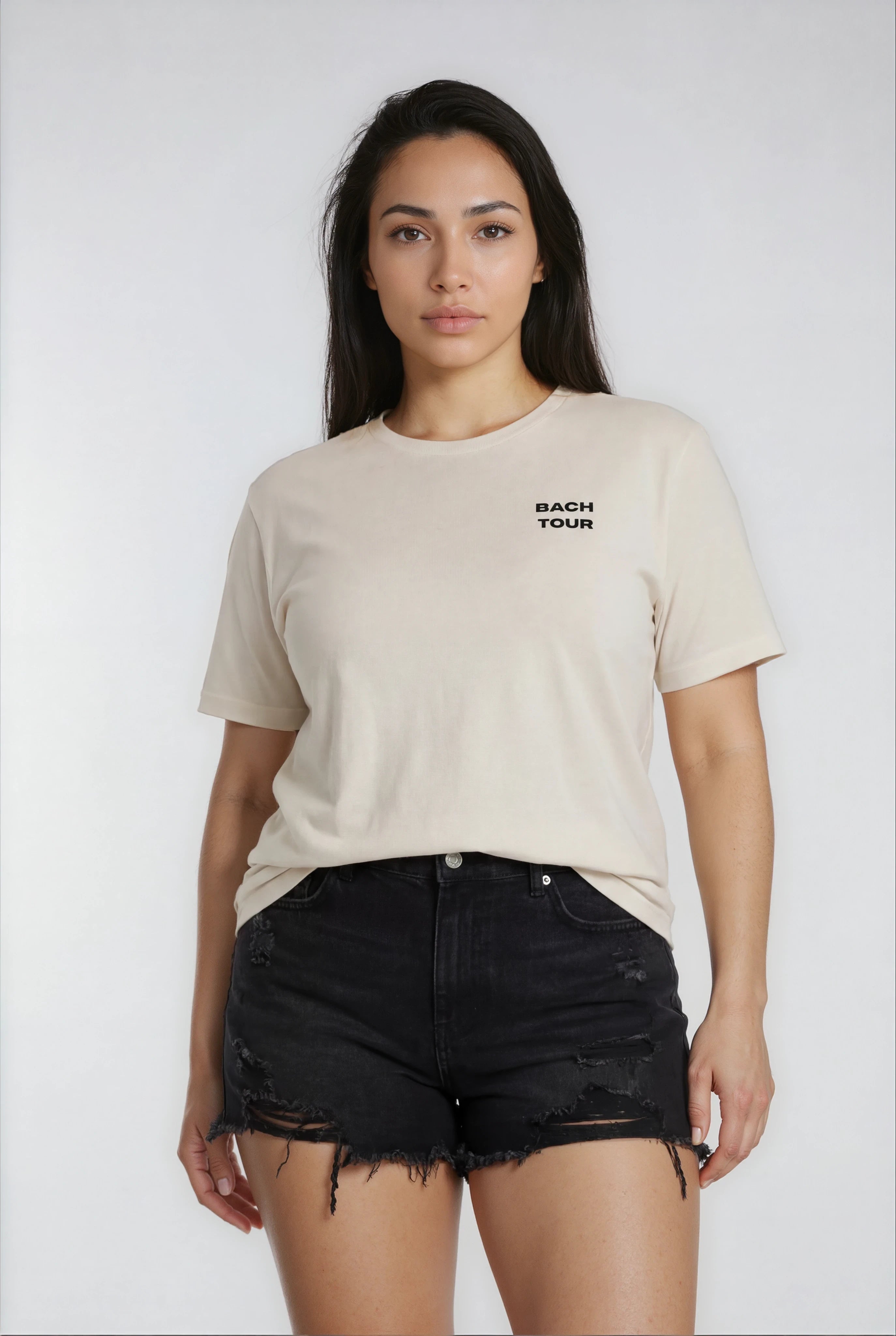 Model wearing Bachelorette Tour Shirt - Heather Bone