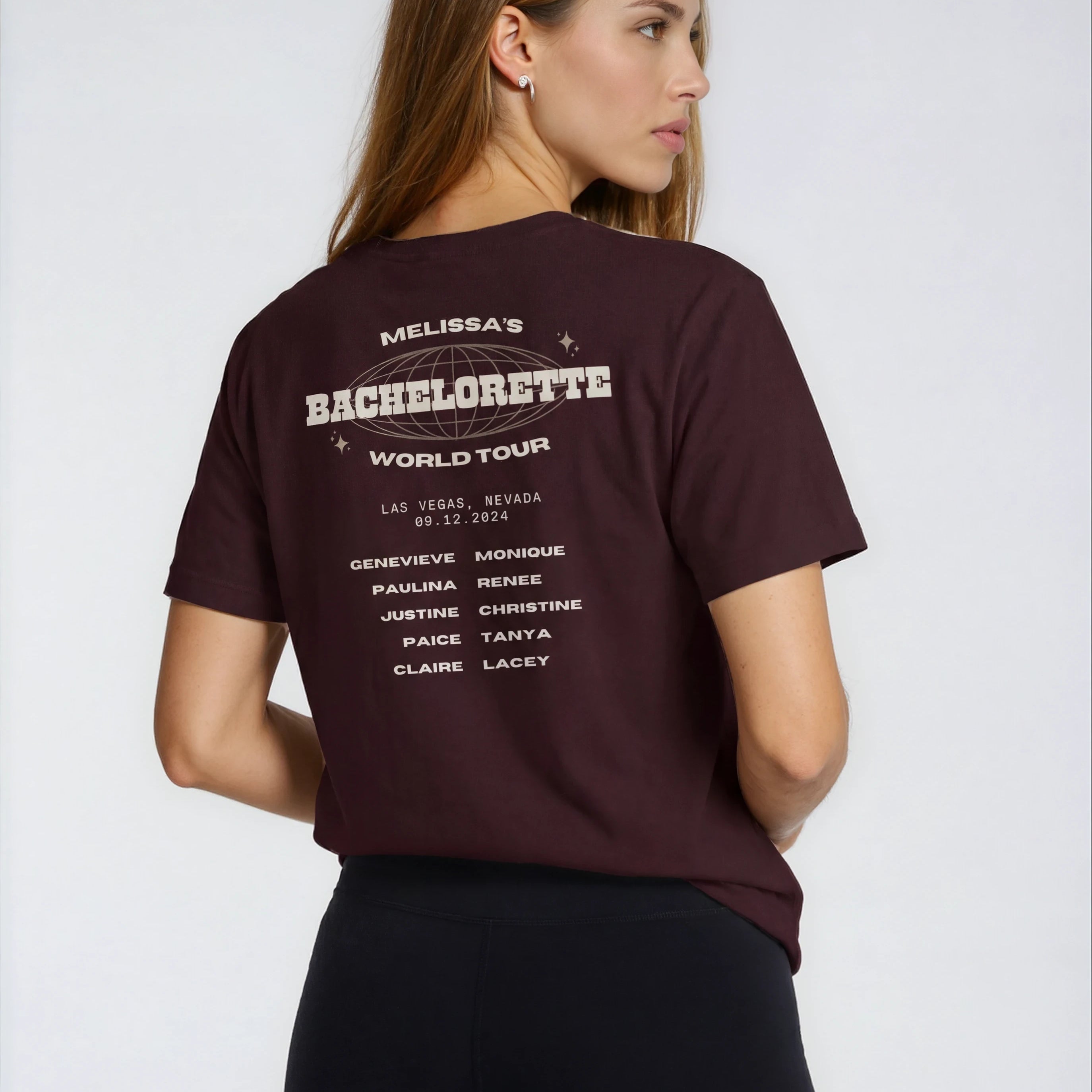Model wearing Bachelorette Tour Shirt - Burgundy