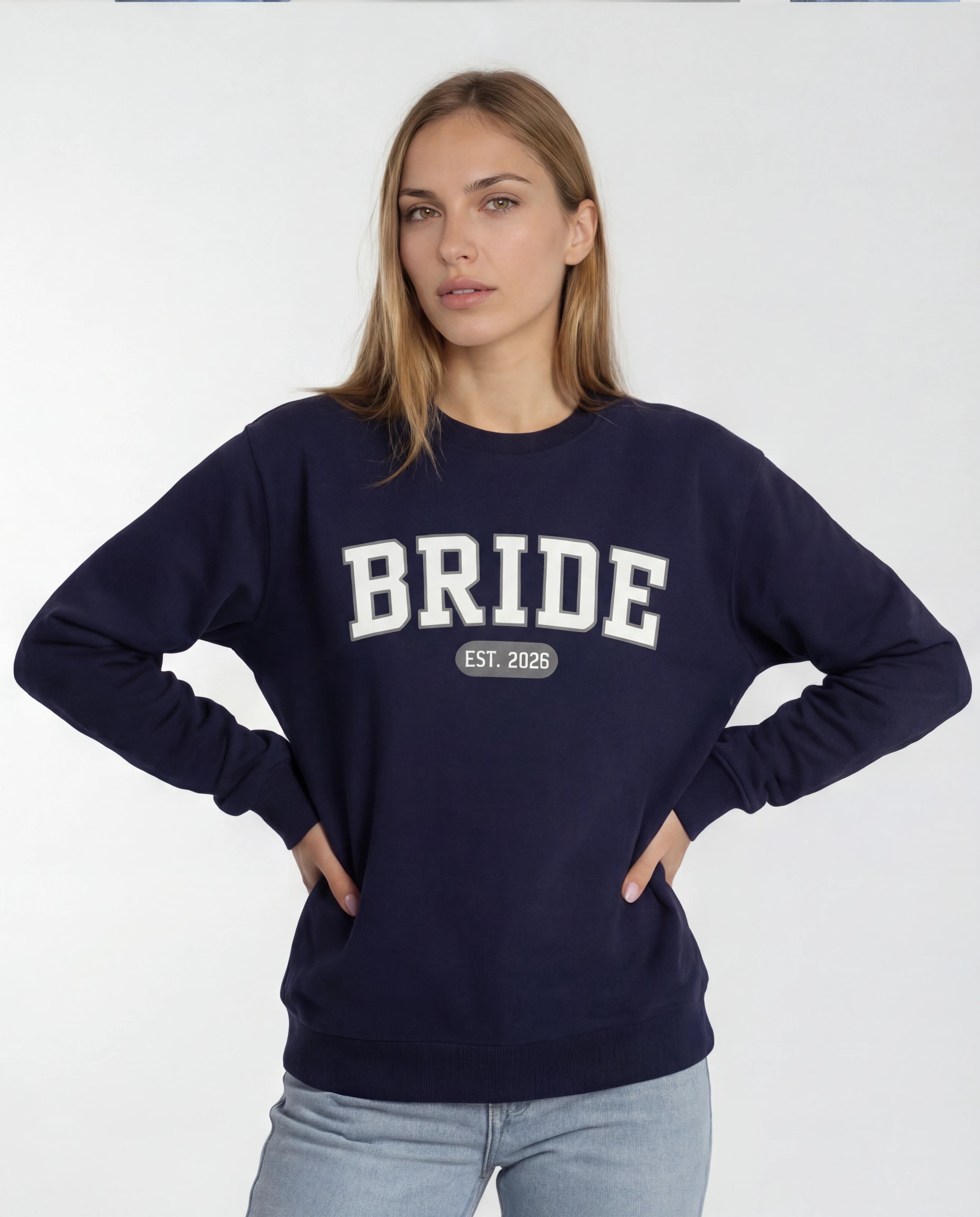 Model wearing Bride Varsity Sweatshirt - Navy