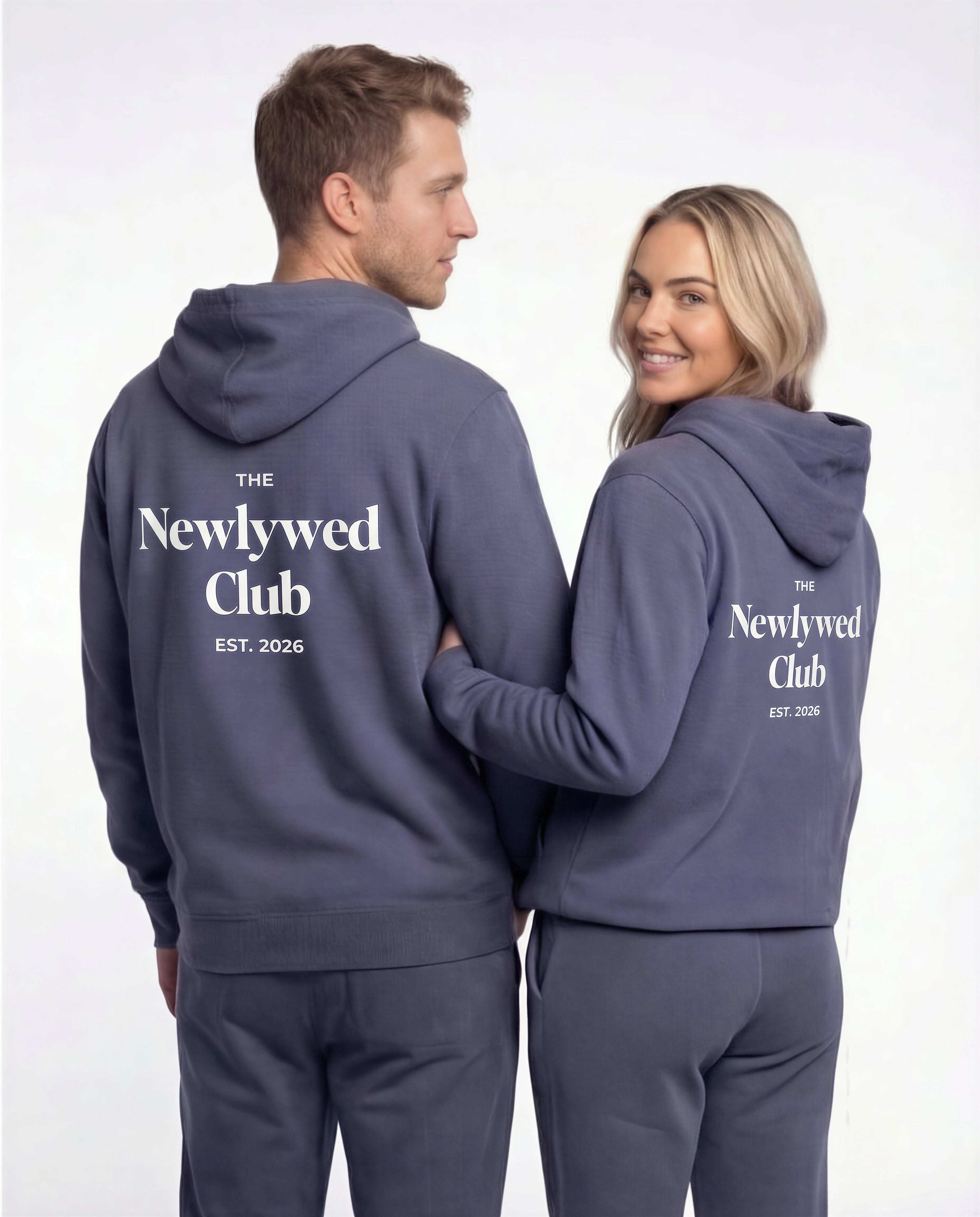 Model wearing Newlywed Club Hoodie - Slate Blue