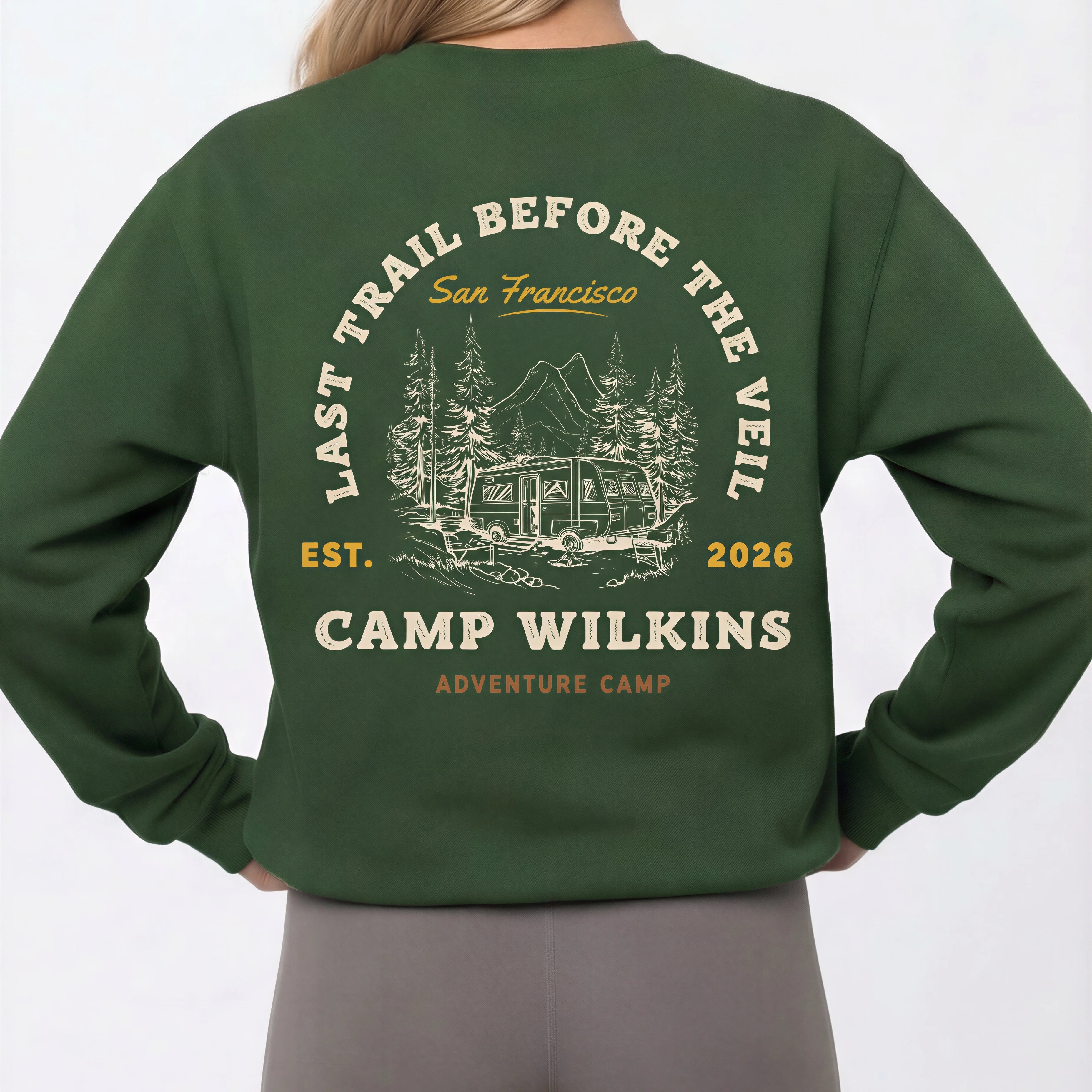 Model wearing Camp Bachelorette Sweatshirt - Forest Green