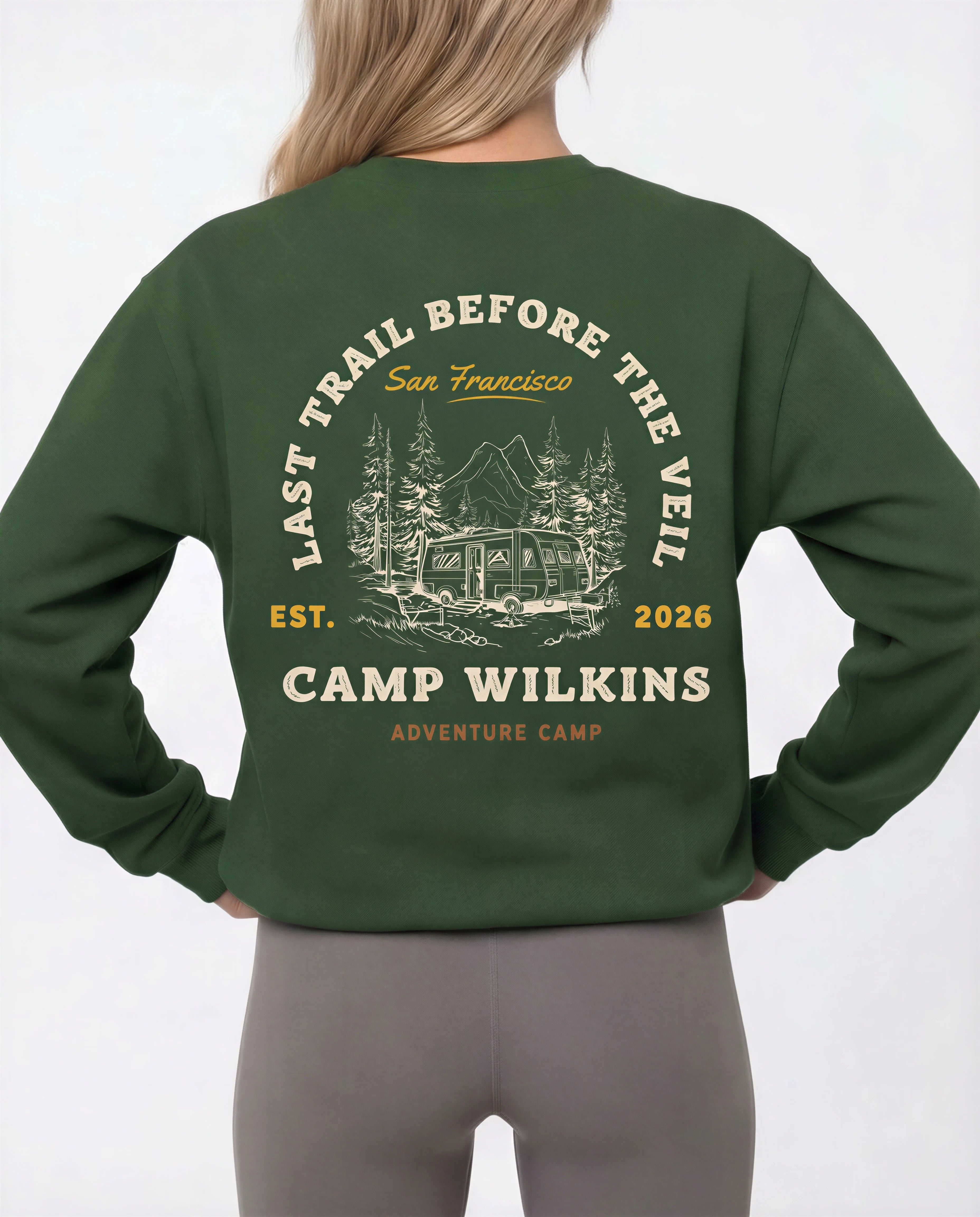 Model wearing Camp Bachelorette Sweatshirt - Forest Green
