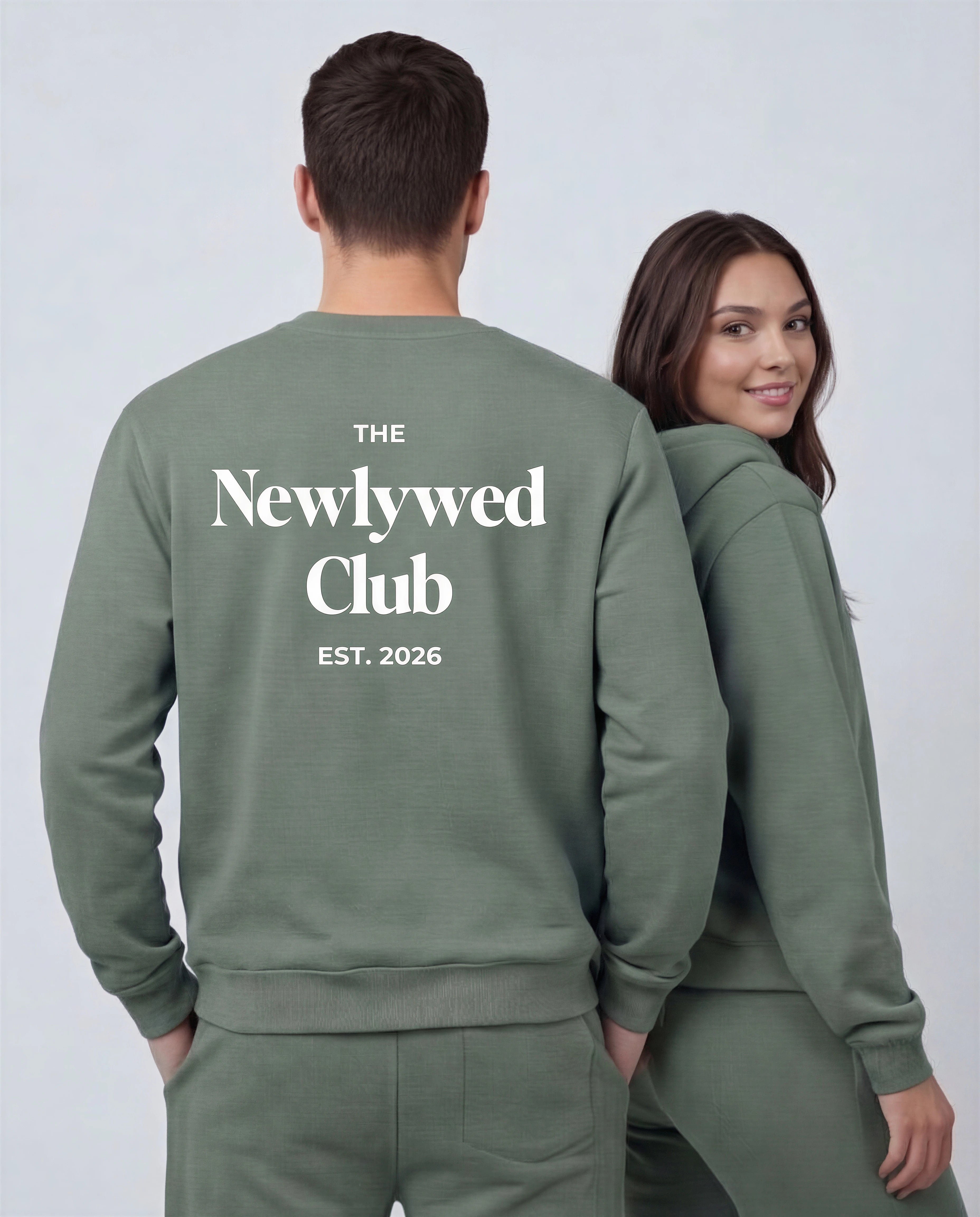 Model wearing Newlywed Club Crew Neck Sweatshirt - Alpine Green
