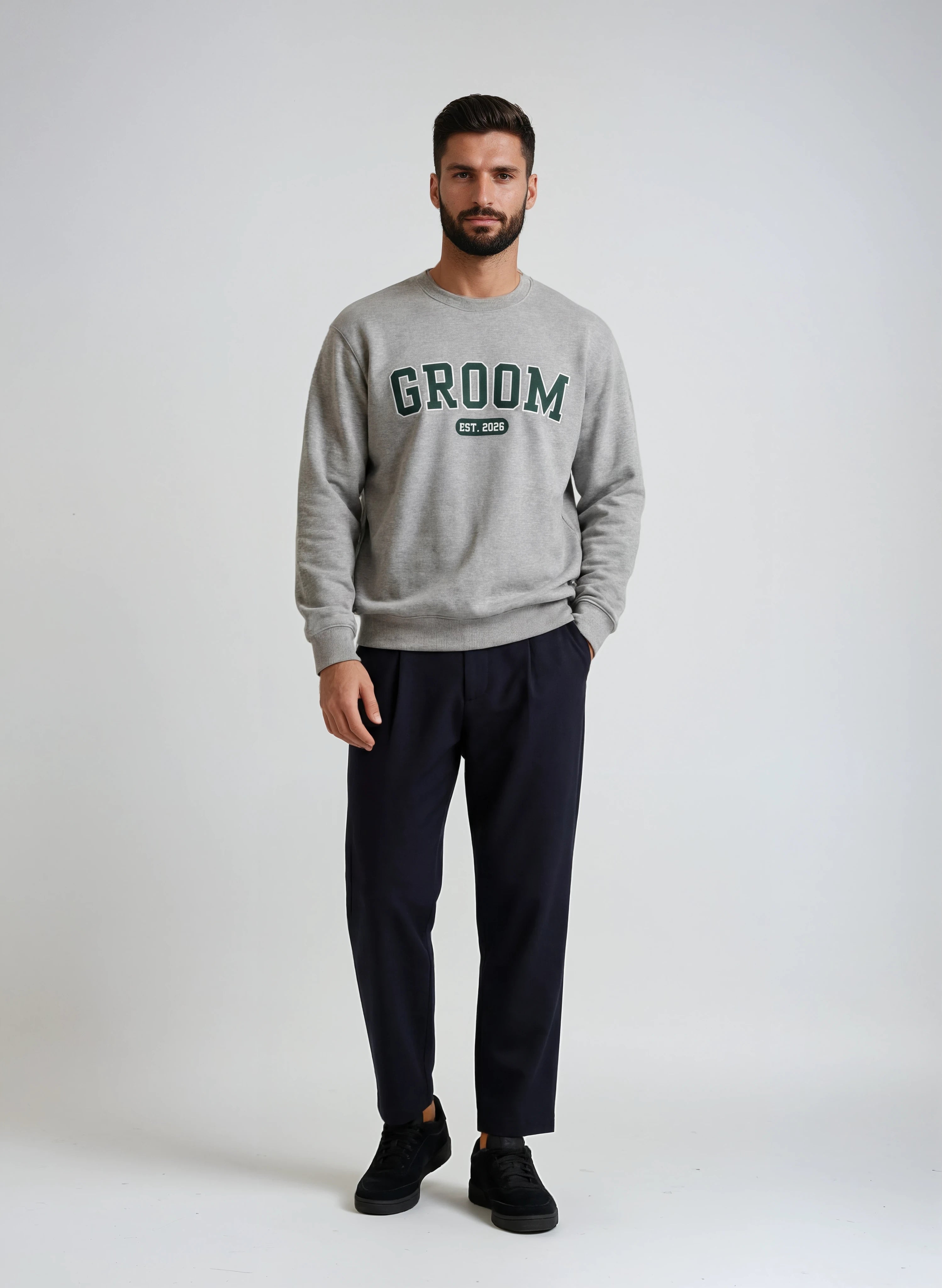 Model wearing Groom Varsity Sweatshirt - Heather Gray