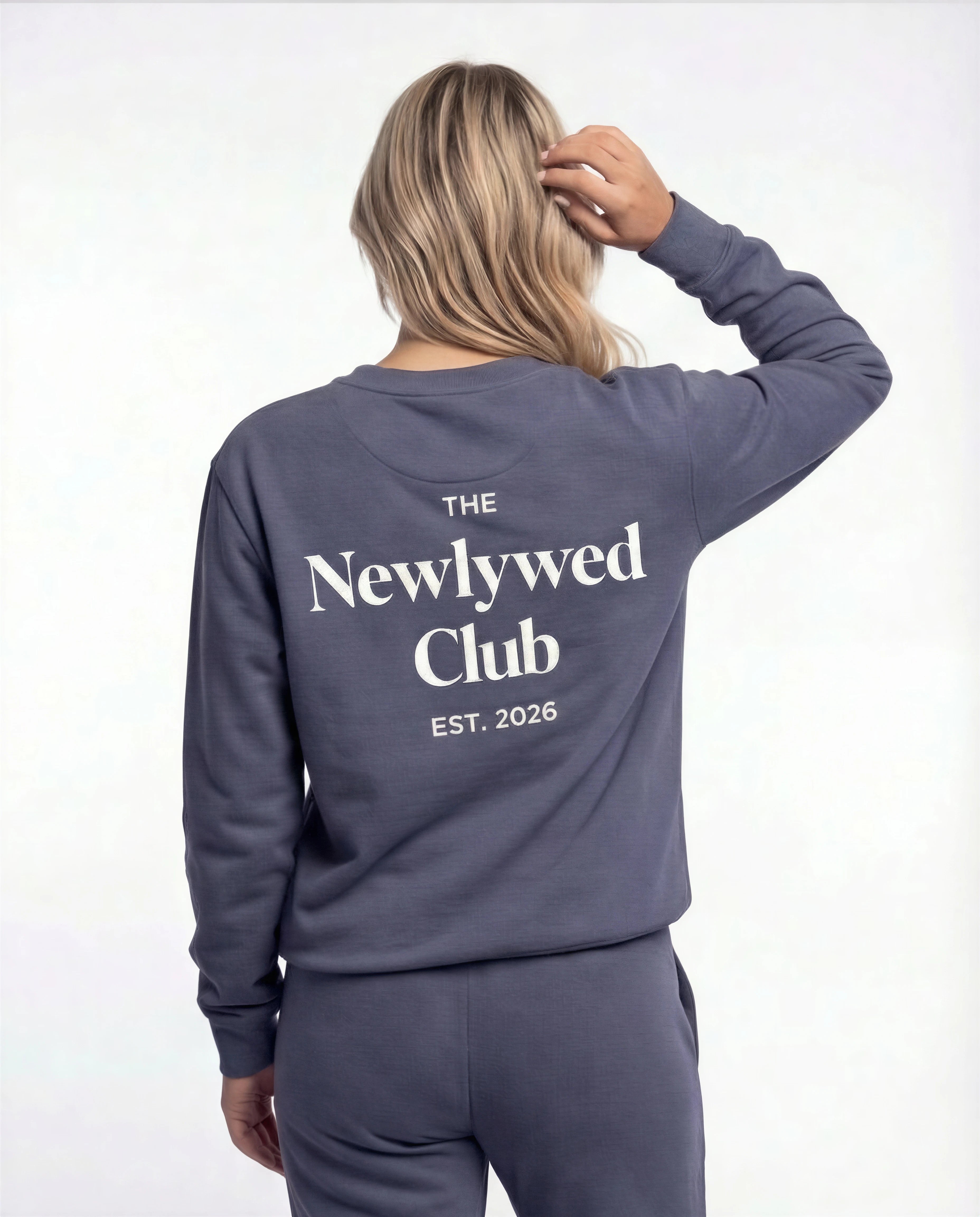 Model wearing Newlywed Club Crew Neck Sweatshirt  - Slate Blue