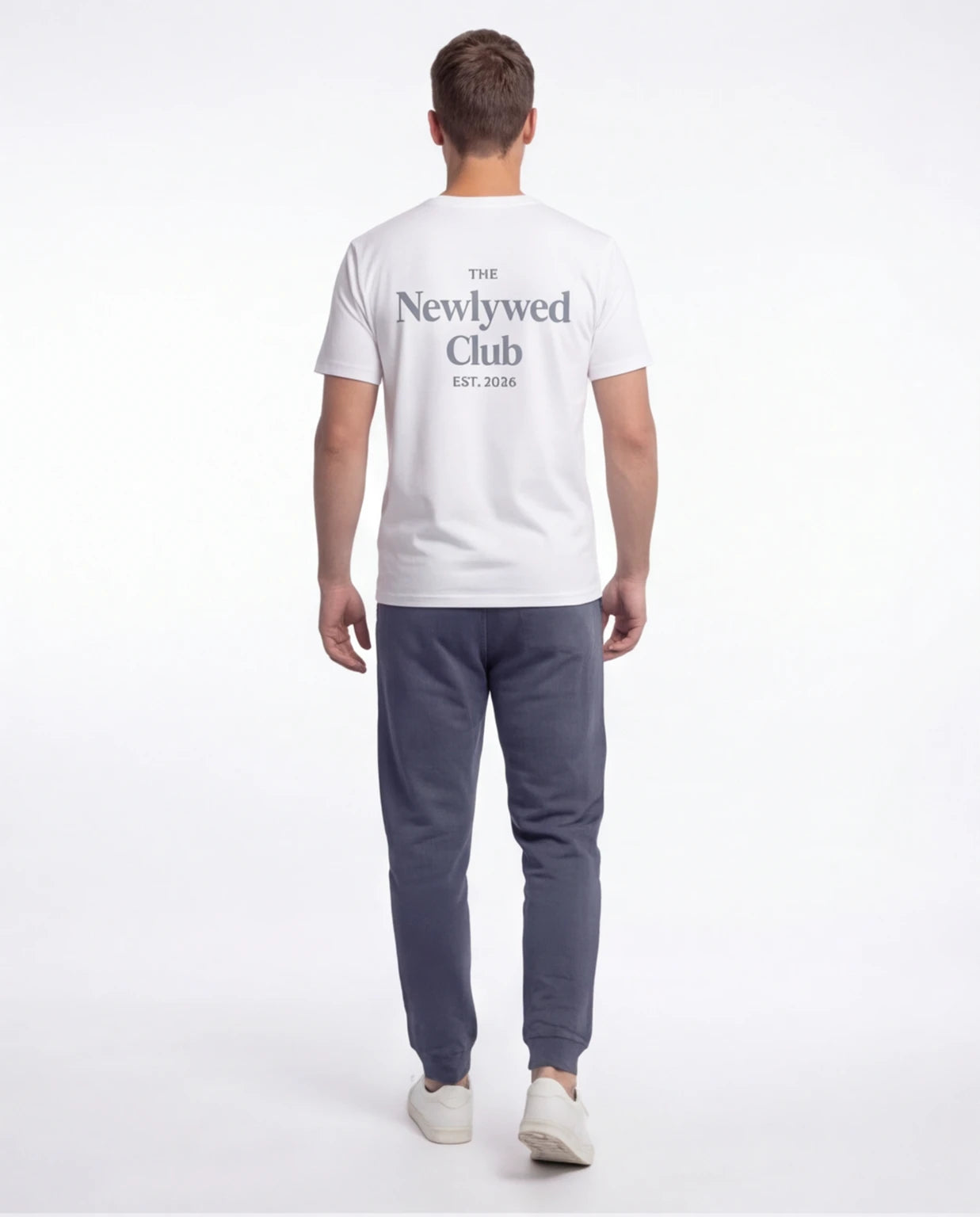 Model wearing Newlywed Club T-Shirt - Slate Blue Logo