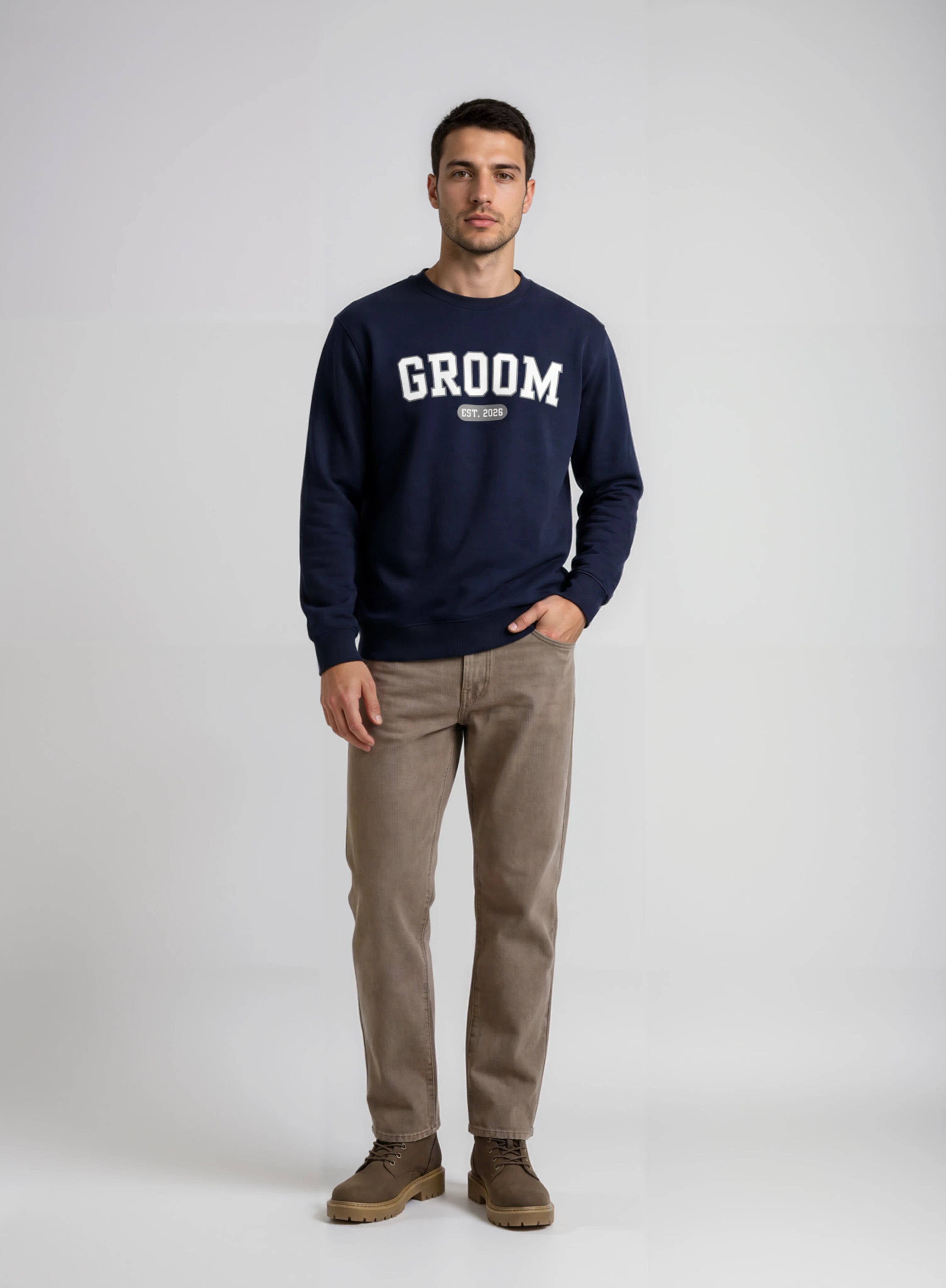 Model wearing Groom Varsity Sweatshirt - Navy