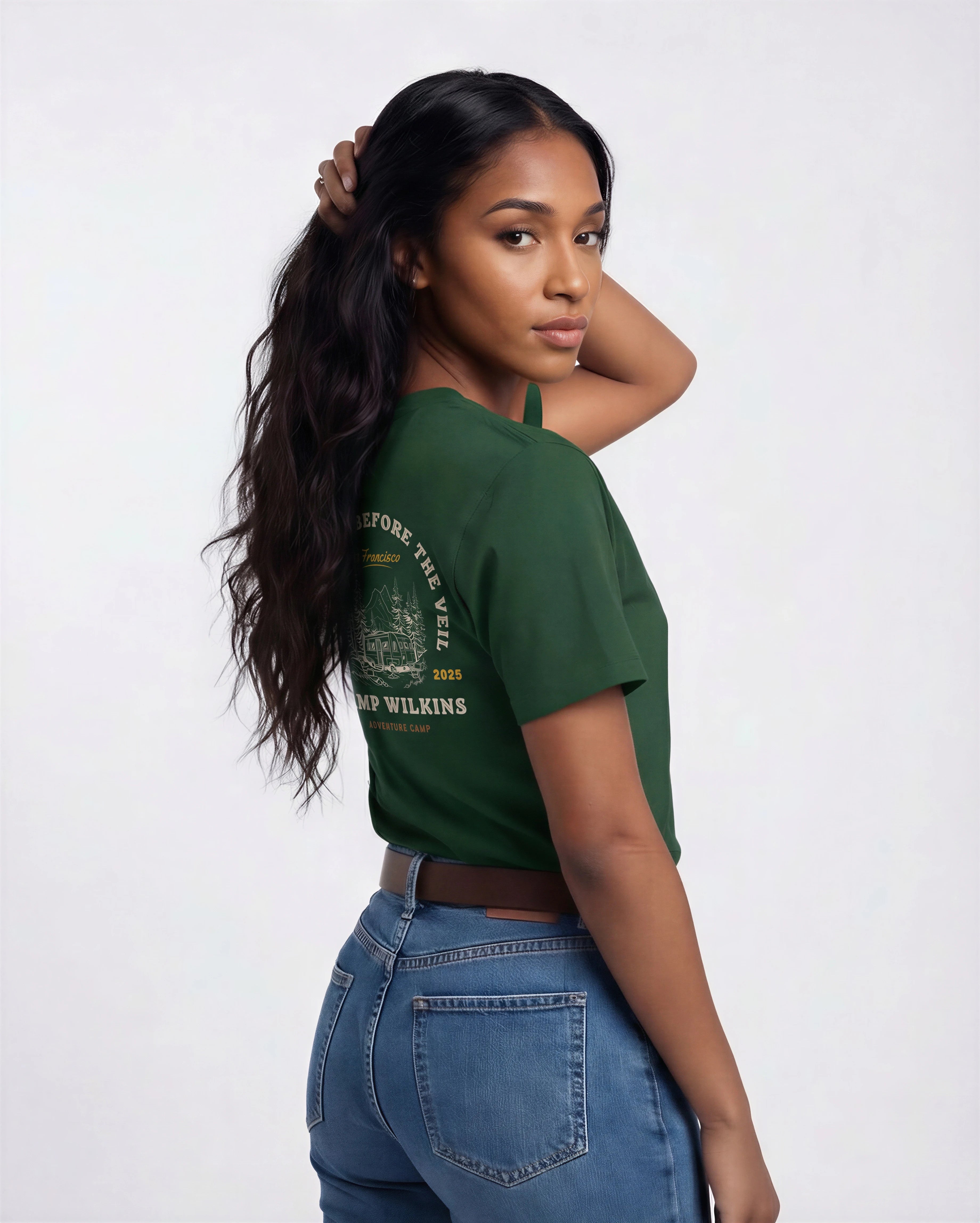 Model wearing Camp Bachelorette T-Shirt - Forest Green