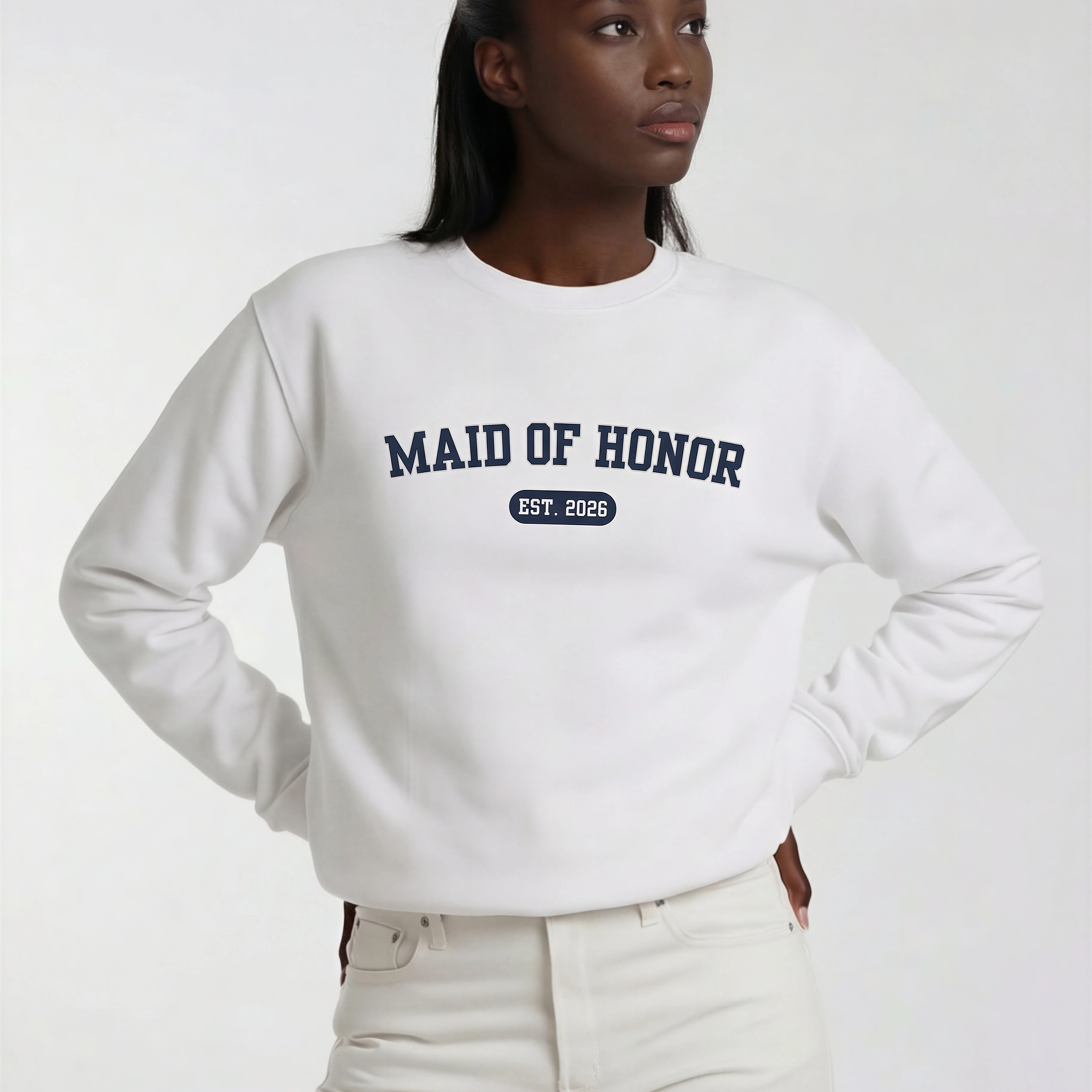 Model wearing Maid of Honor Varsity Sweatshirt - White