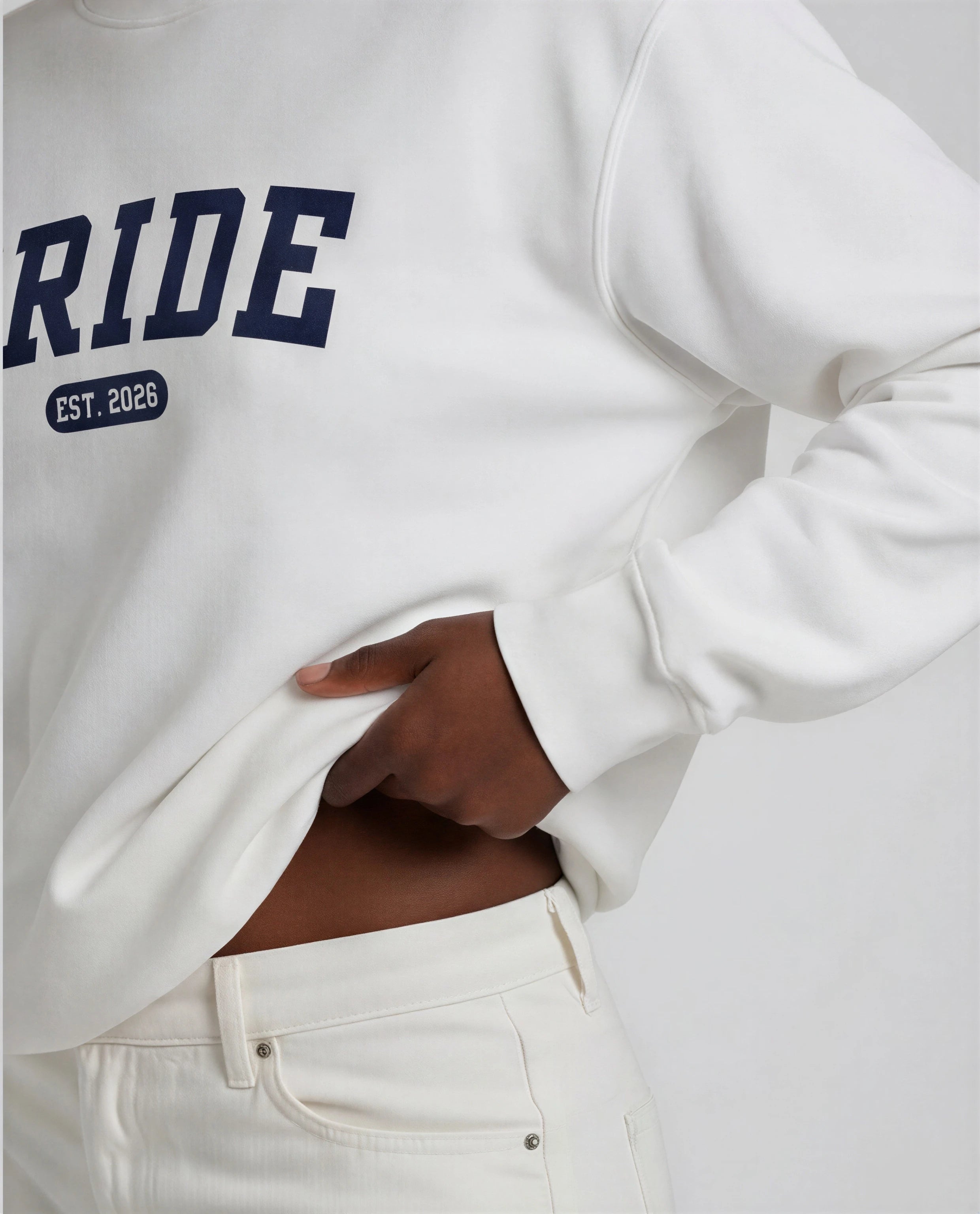 Model wearing Bride Varsity Sweatshirt - White