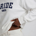 Model wearing Bride Varsity Sweatshirt - White