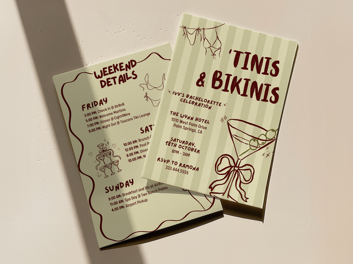 Tinis and Bikinis Bachelorette Party Invitation + Itinerary Canva Template