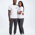 Model wearing Newlywed Club T-Shirt - Charcoal Logo