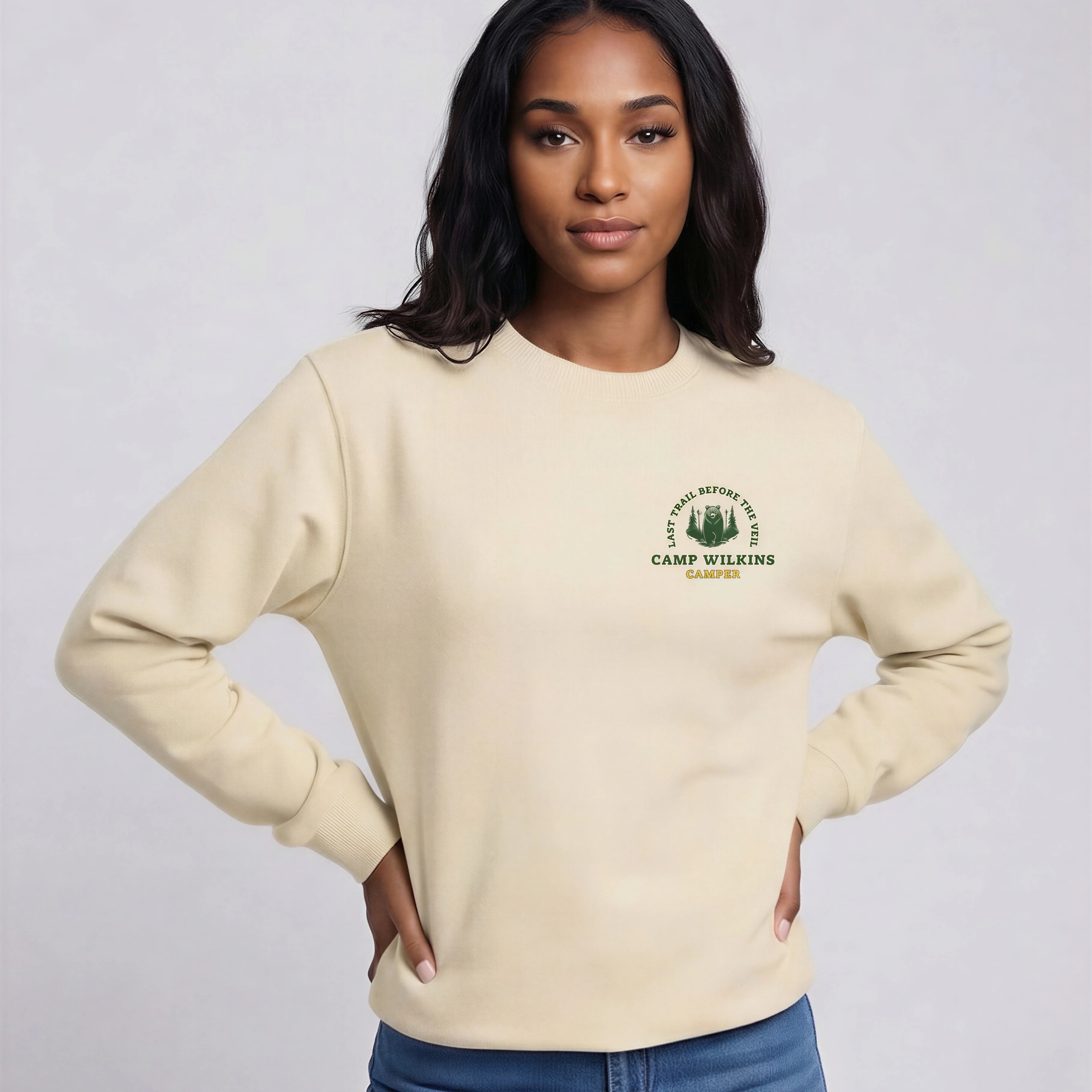 Model wearing Camp Bachelorette Sweatshirt - Natural Beige