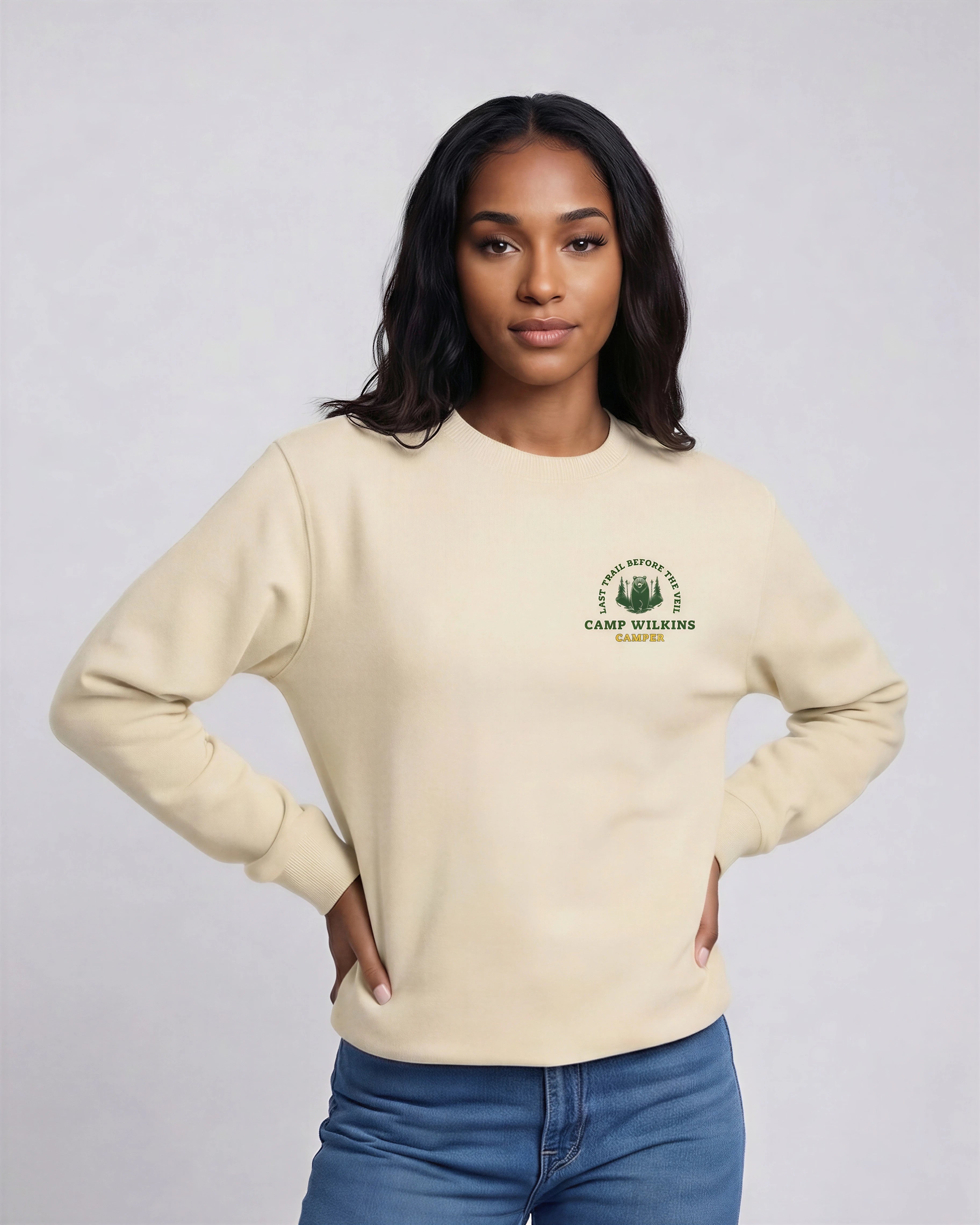 Model wearing Camp Bachelorette Sweatshirt - Natural Beige