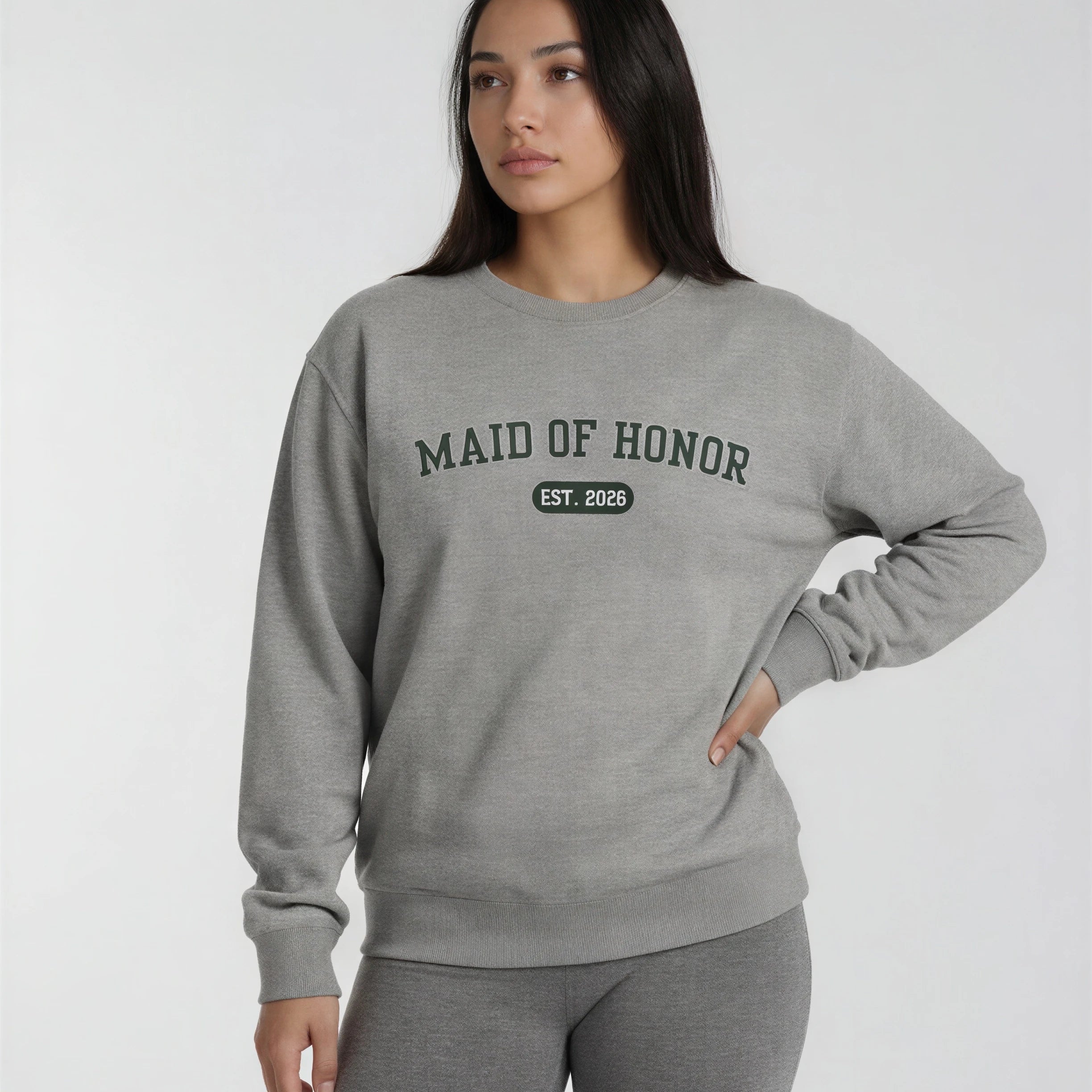 Model wearing Maid of Honor Varsity Sweatshirt - Heather Gray