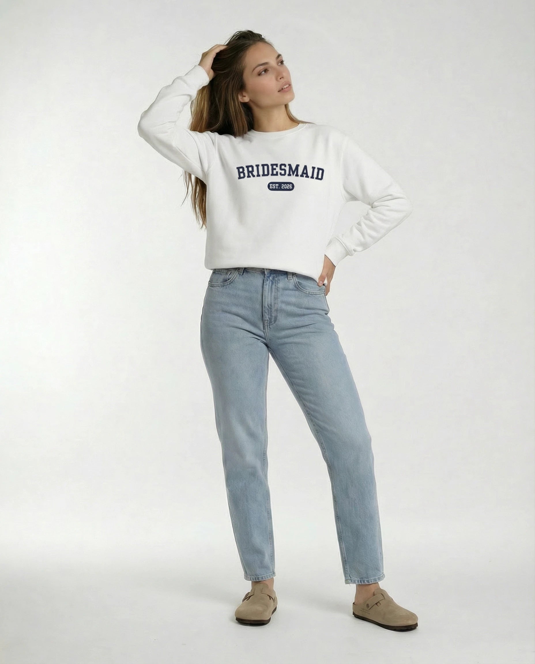 Model wearing Bridesmaid Varsity Sweatshirt - White