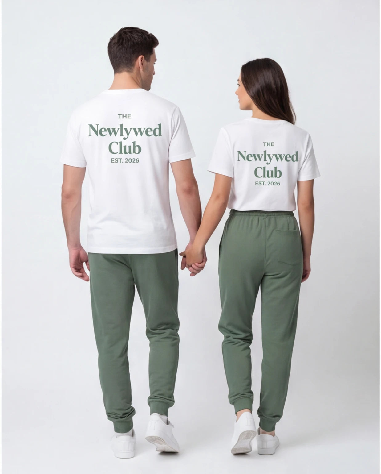 Model wearing Newlywed Club T-Shirt - Alpine Green Logo