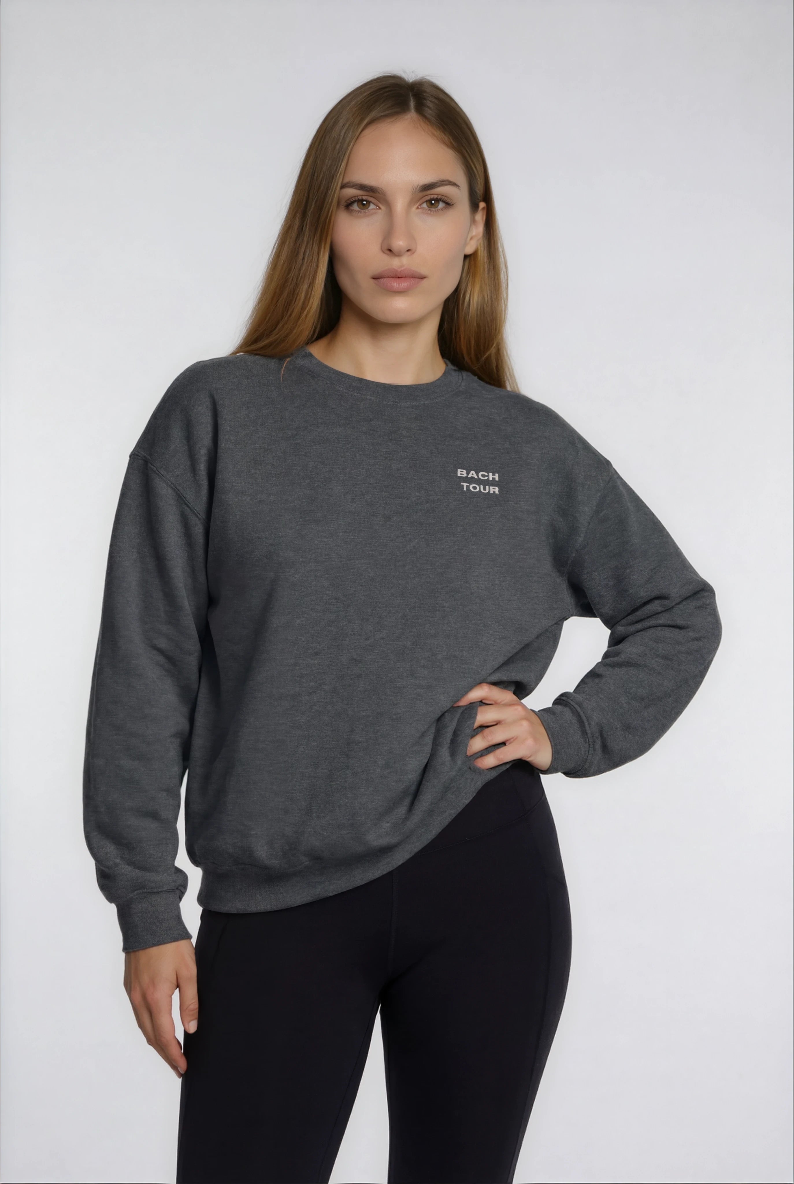 Model wearing Bachelorette Tour Sweatshirt - Dark Heather