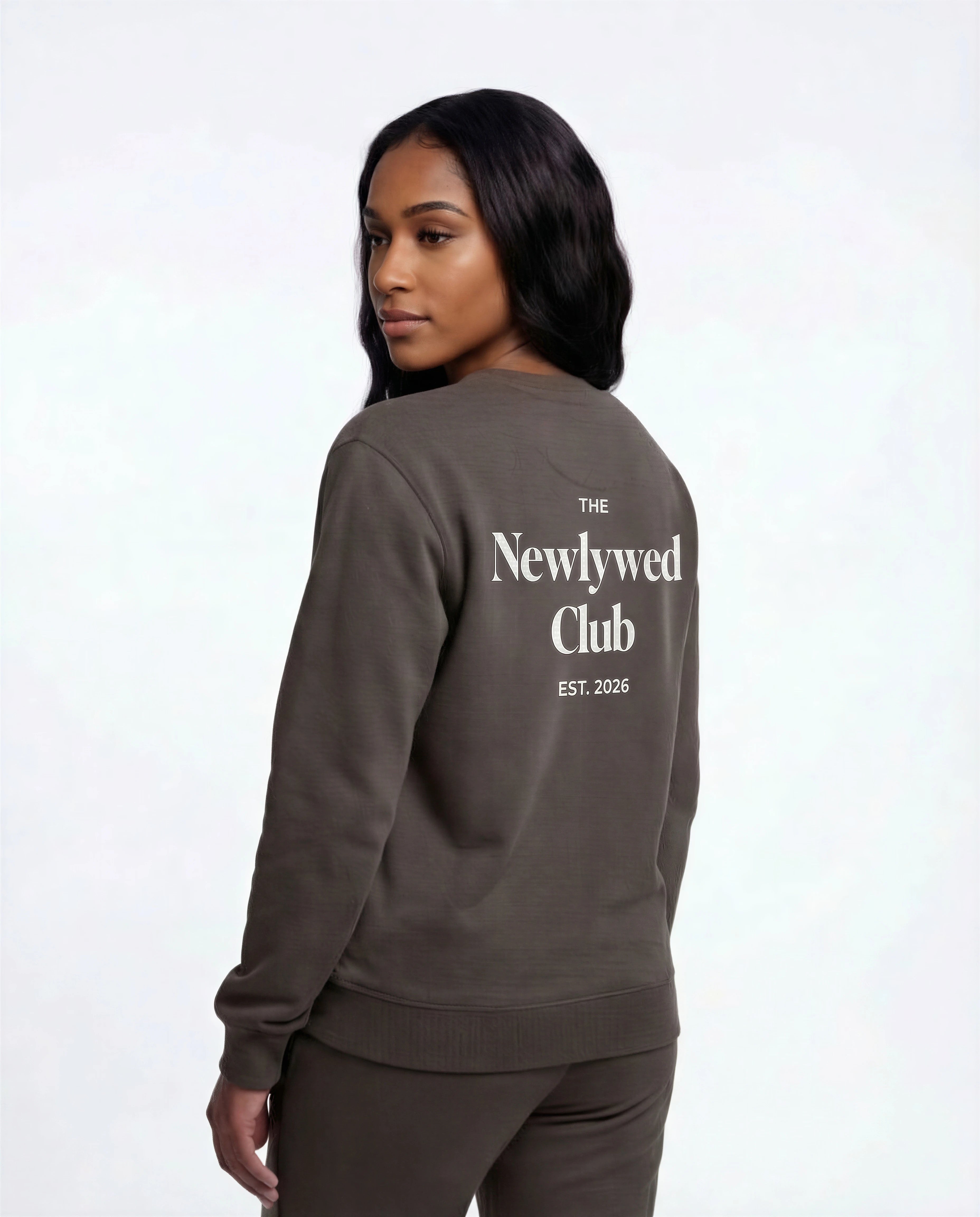 Model wearing Newlywed Club Crew Neck Sweatshirt - Charcoal