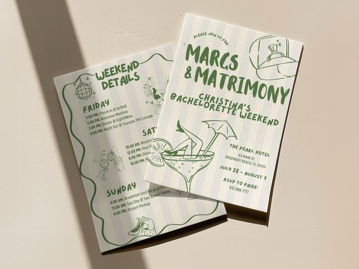 Margs & Matrimony Bachelorette Party Invitation & Itinerary Canva Template