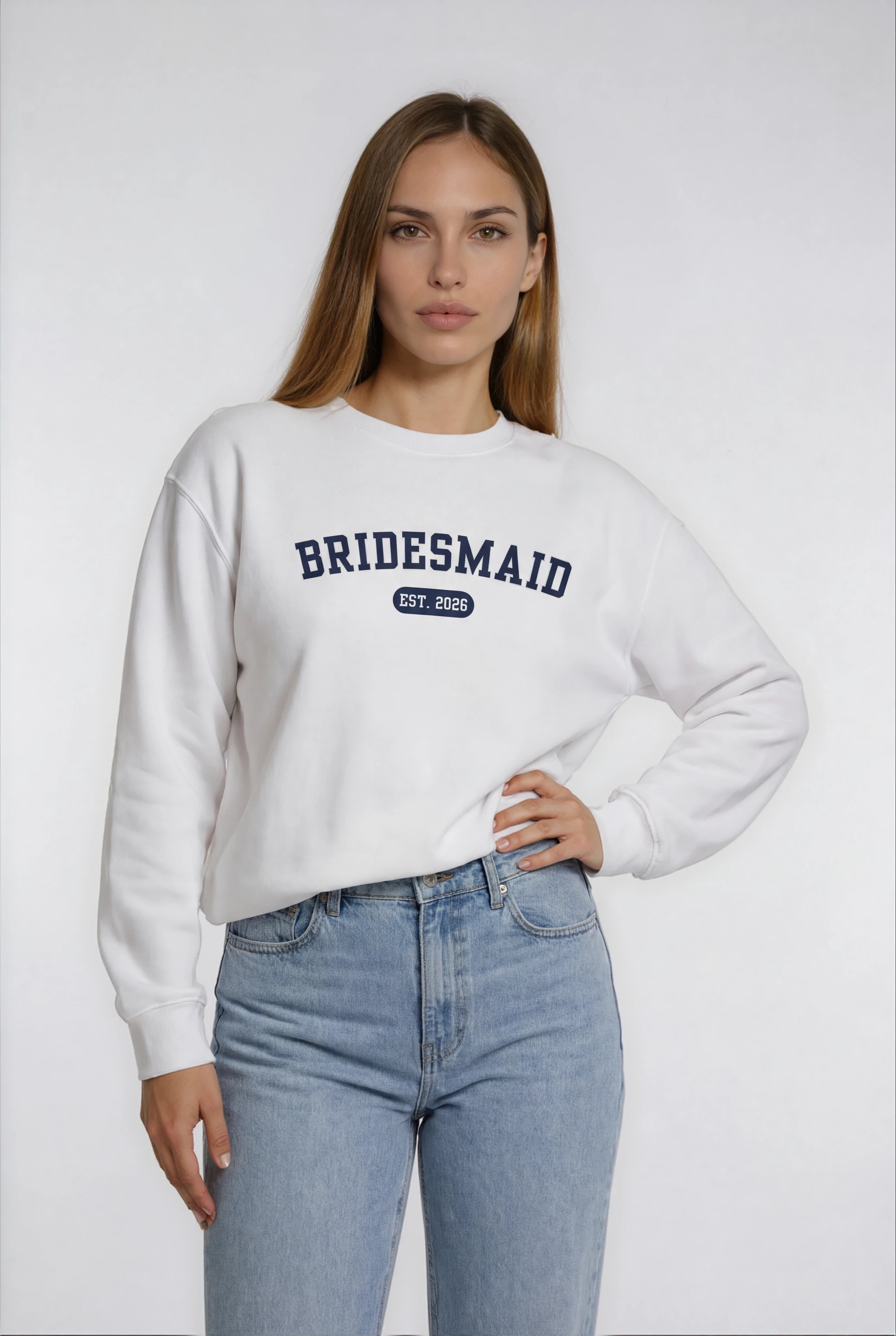 Model wearing Bridesmaid Varsity Sweatshirt - White