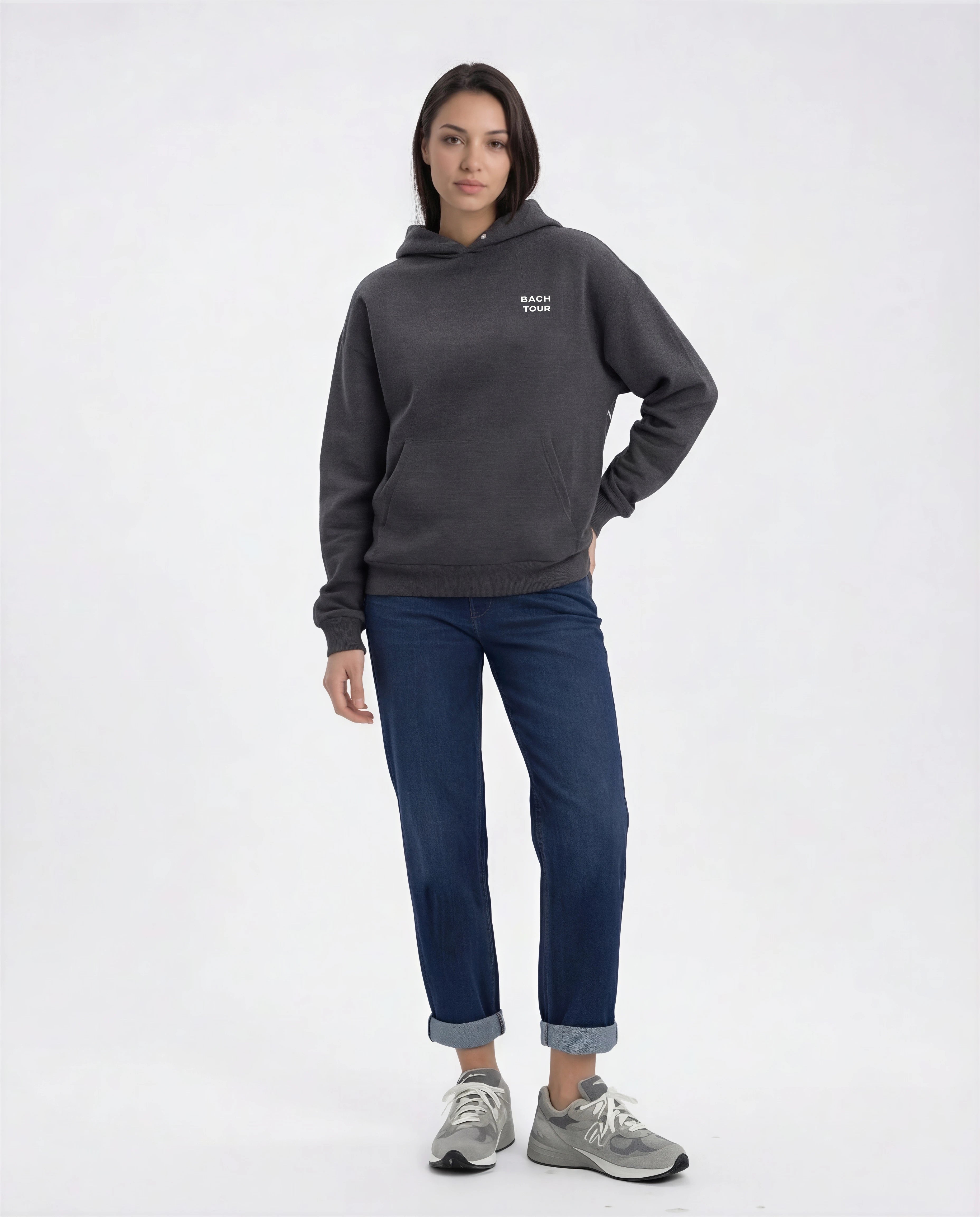 Model wearing Bachelorette Tour Hoodie - Dark Heather