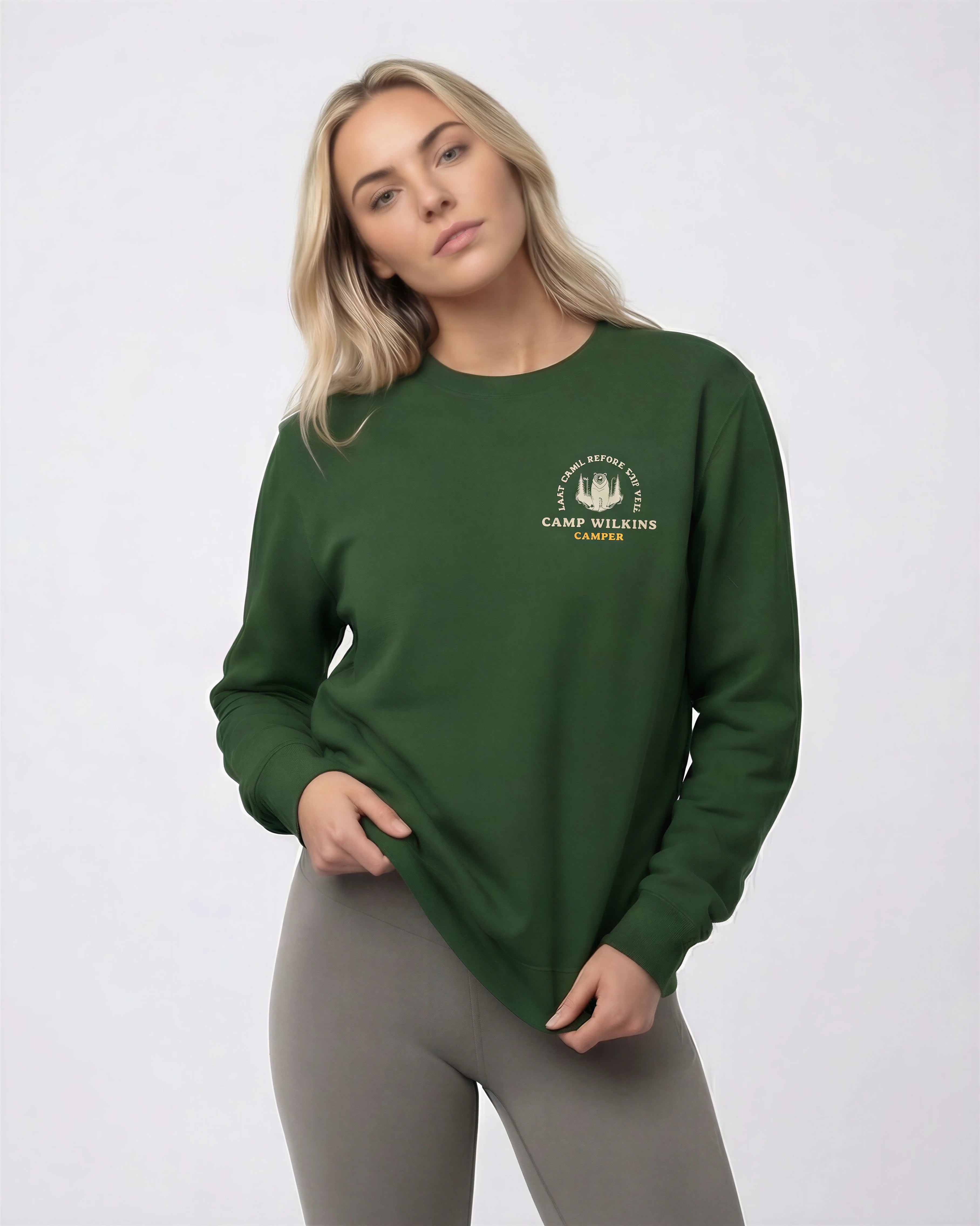 Model wearing Camp Bachelorette Sweatshirt - Forest Green