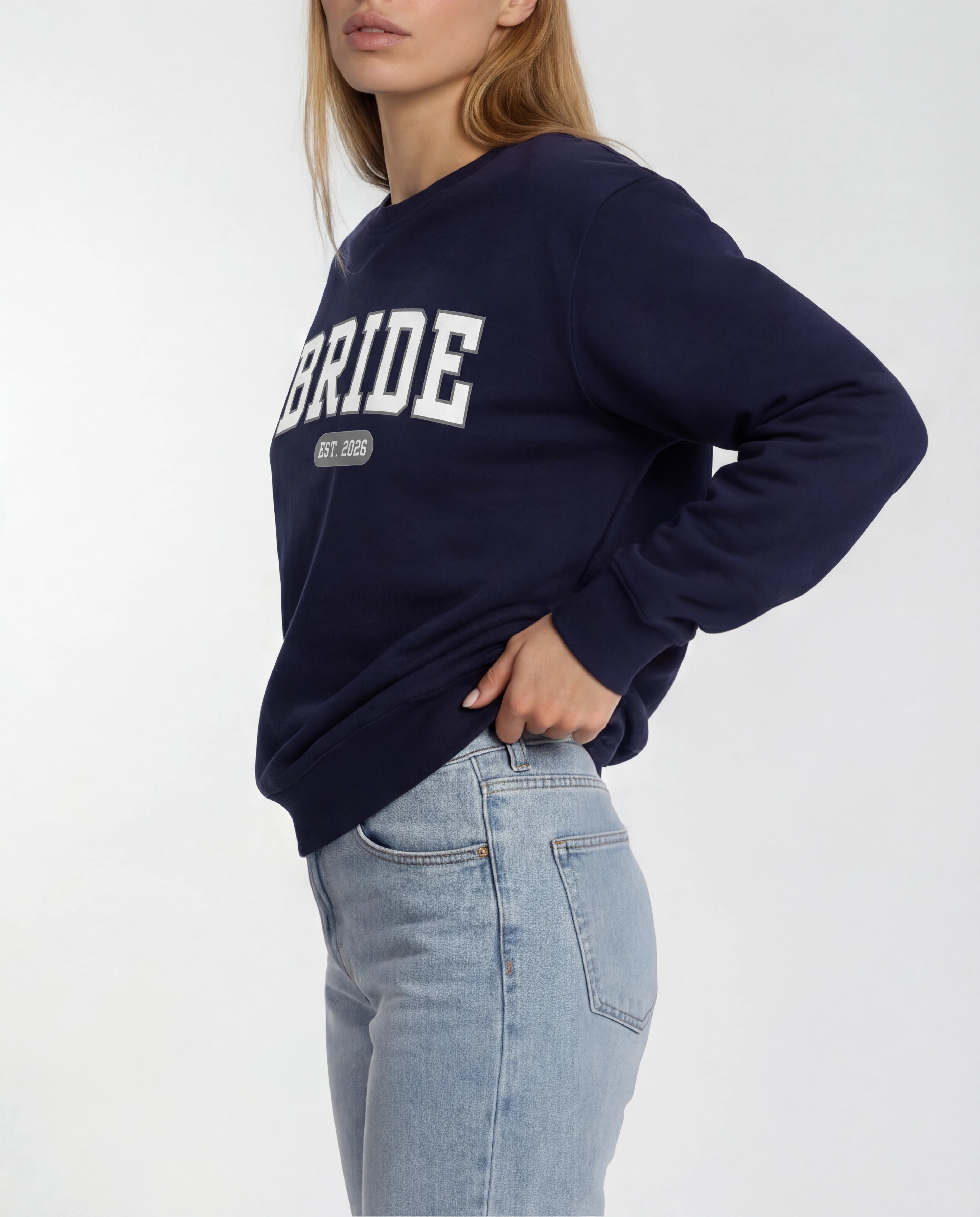 Model wearing Bride Varsity Sweatshirt - Navy