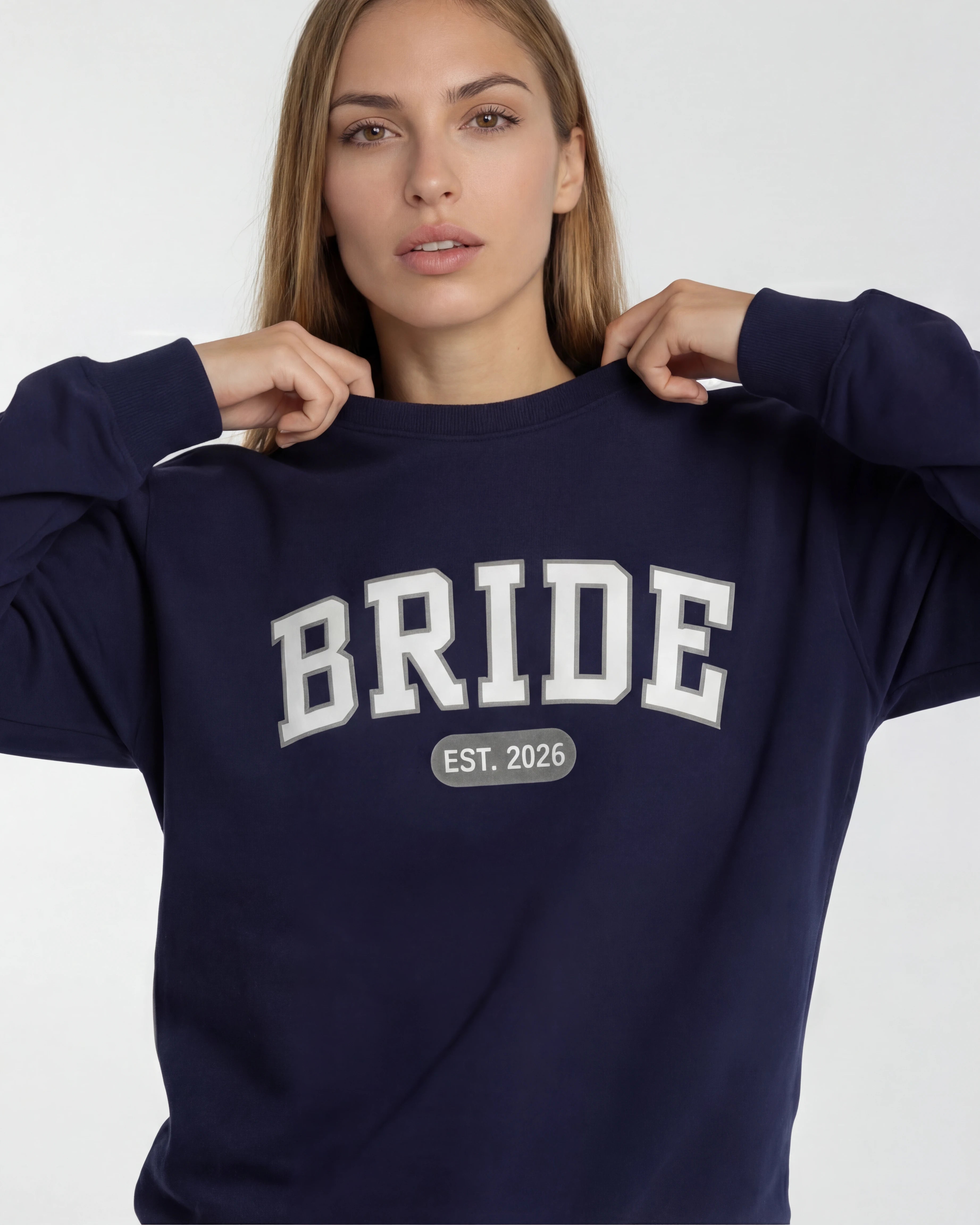 Model wearing Bride Varsity Sweatshirt - Navy
